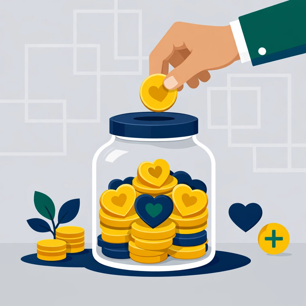 Flat design illustration of heart coin in a donation jar for New Haven tax planning and charitable deductions.