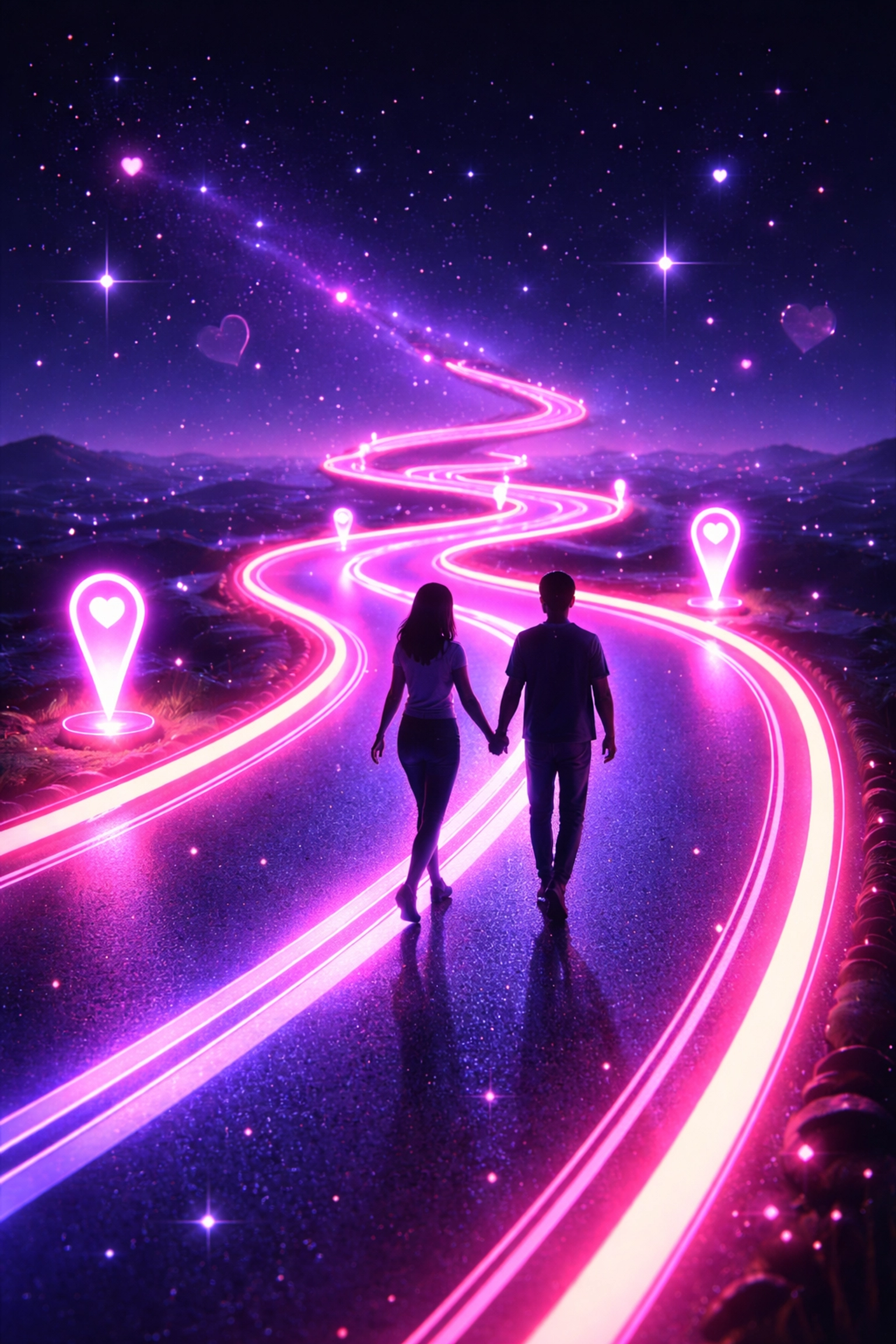 A glowing neon road with two people walking hand-in-hand symbolizes the ongoing journey and check-ins needed for healthy sexual communication.