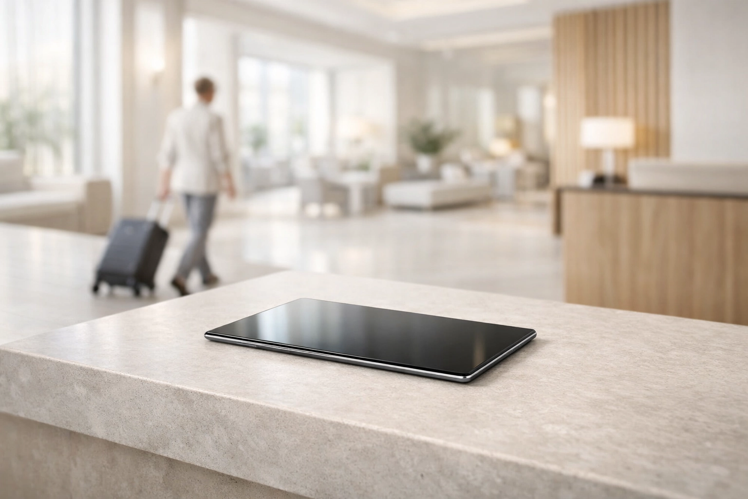 Minimalist hotel reception desk with a tablet demonstrating modern hotel management software efficiency.