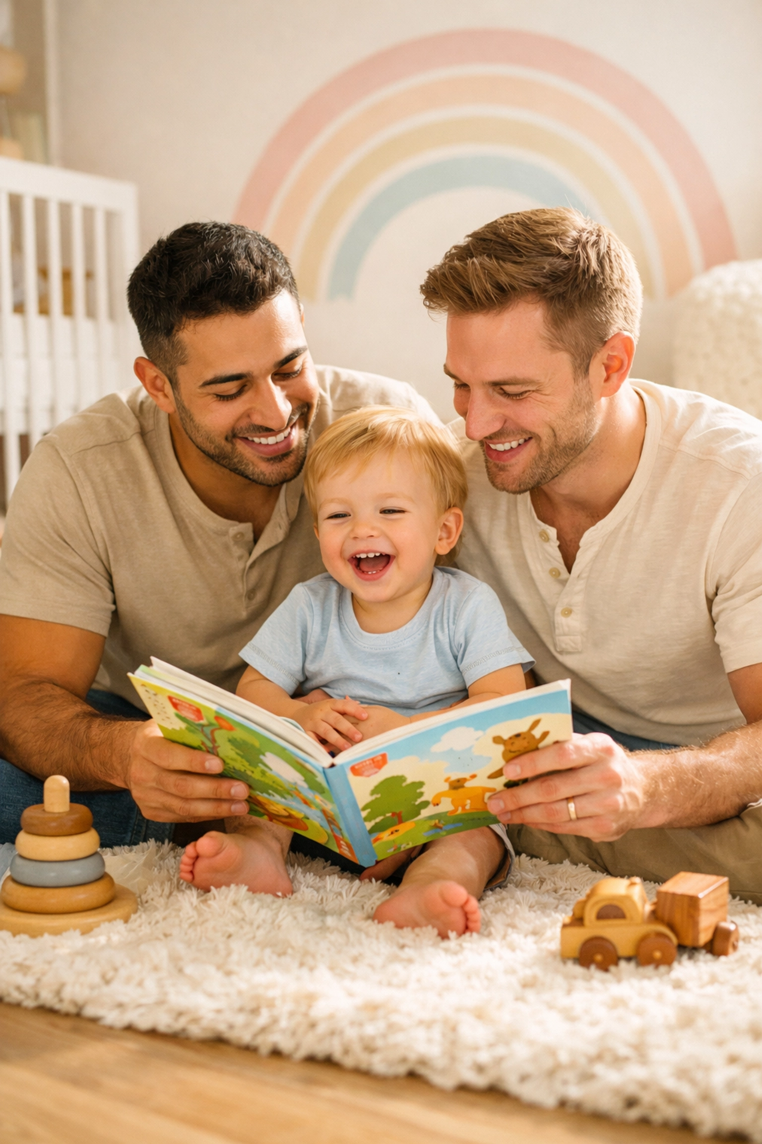 Two gay fathers reading a colorful picture book to their toddler in a cozy nursery.