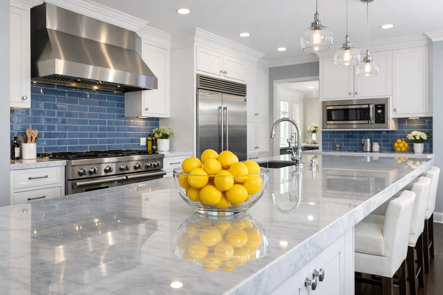 Sparkling clean luxury kitchen with marble islands reflecting expert residential cleaning MA standards.