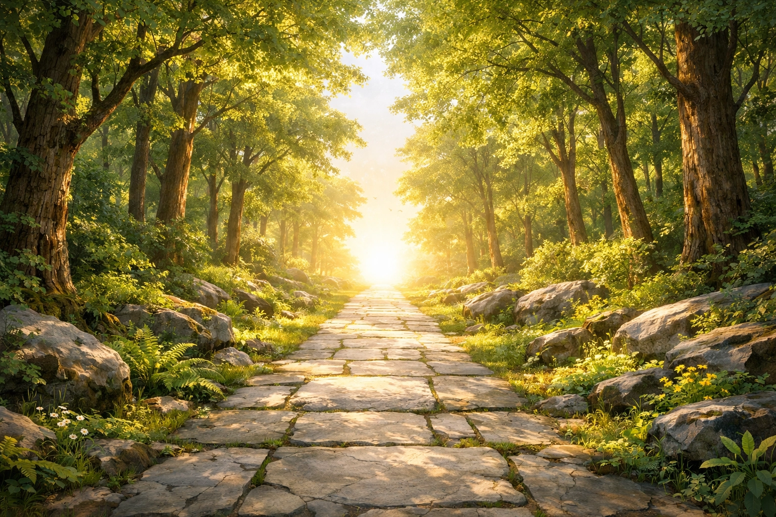 Clear stone pathway through a forest leading toward bright light, symbolizing the process of sanctification.