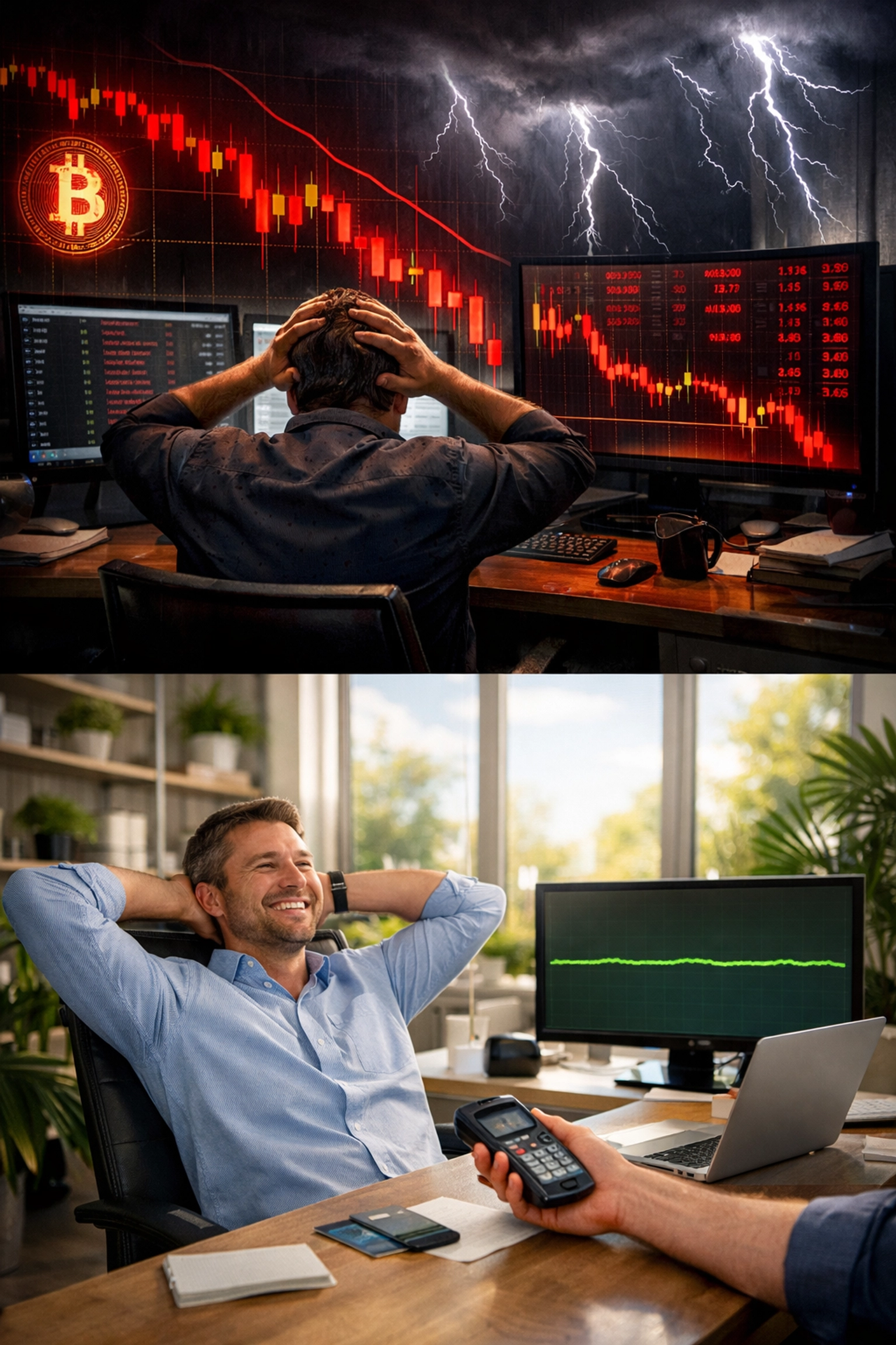 Volatile Bitcoin price charts causing losses vs stable LUSD stablecoin payments for merchants