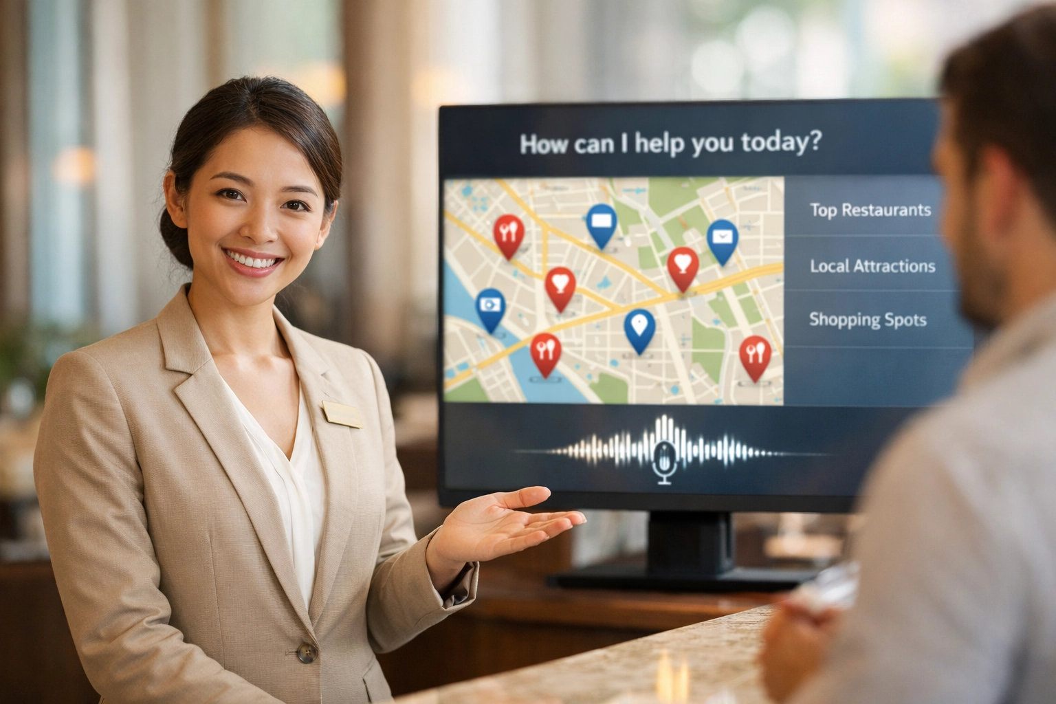 Hotel staff with voice AI system showing local attraction maps and recommendations