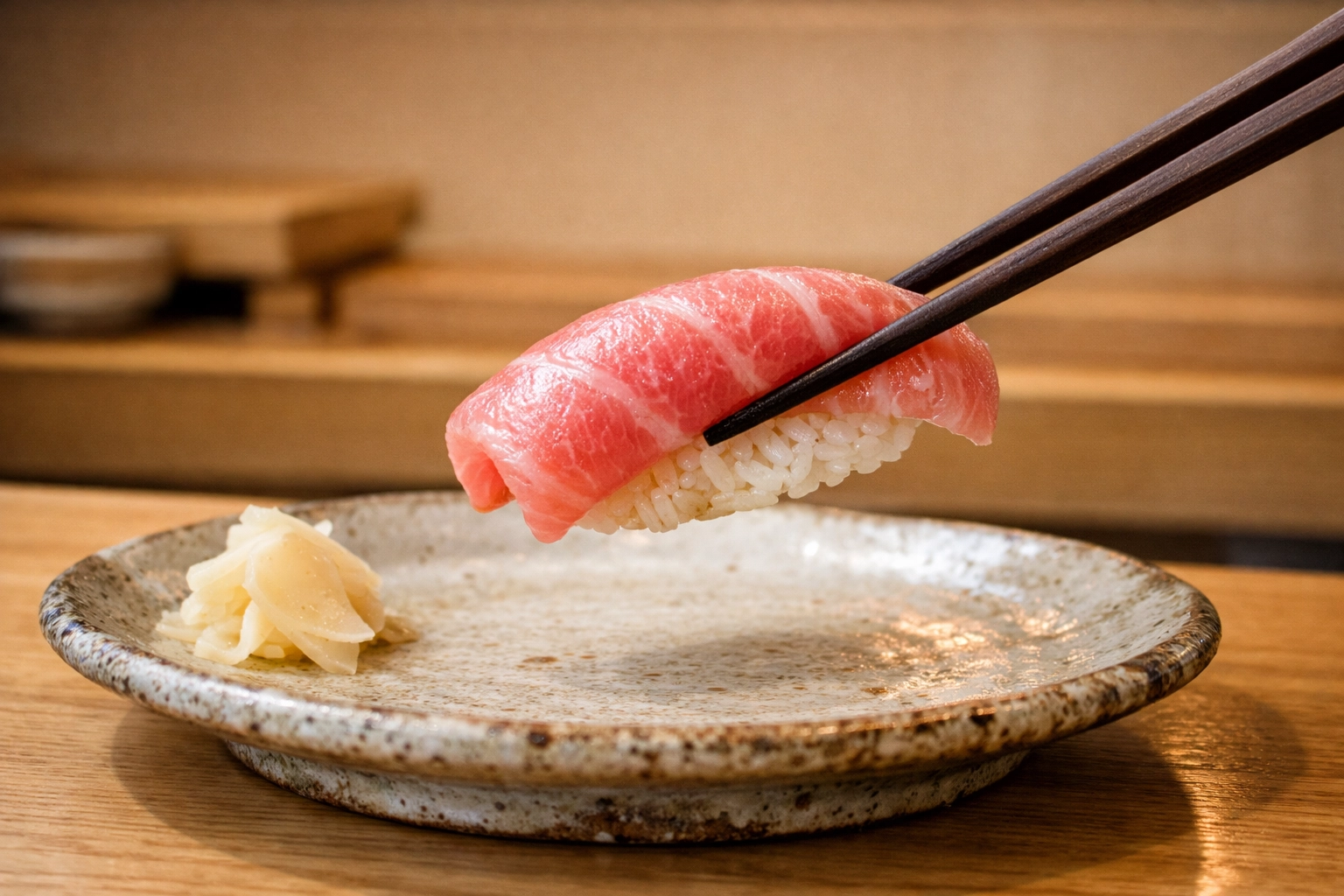 Premium fatty tuna nigiri sushi held with chopsticks at a high-end Ginza sushi bar in Tokyo.