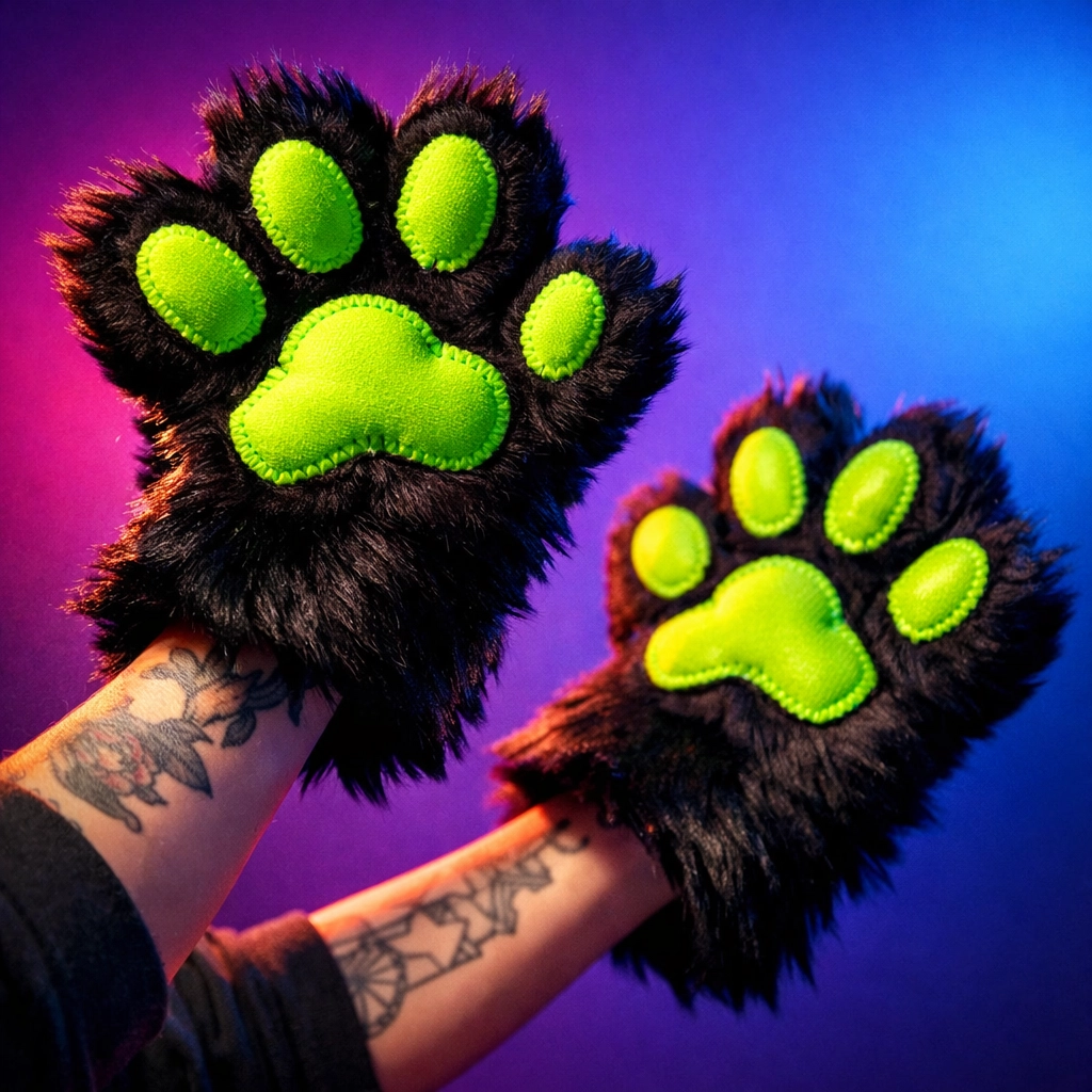 Custom DIY pup paws with paw pad appliqués being worn, showing finished handmade puppy play gear