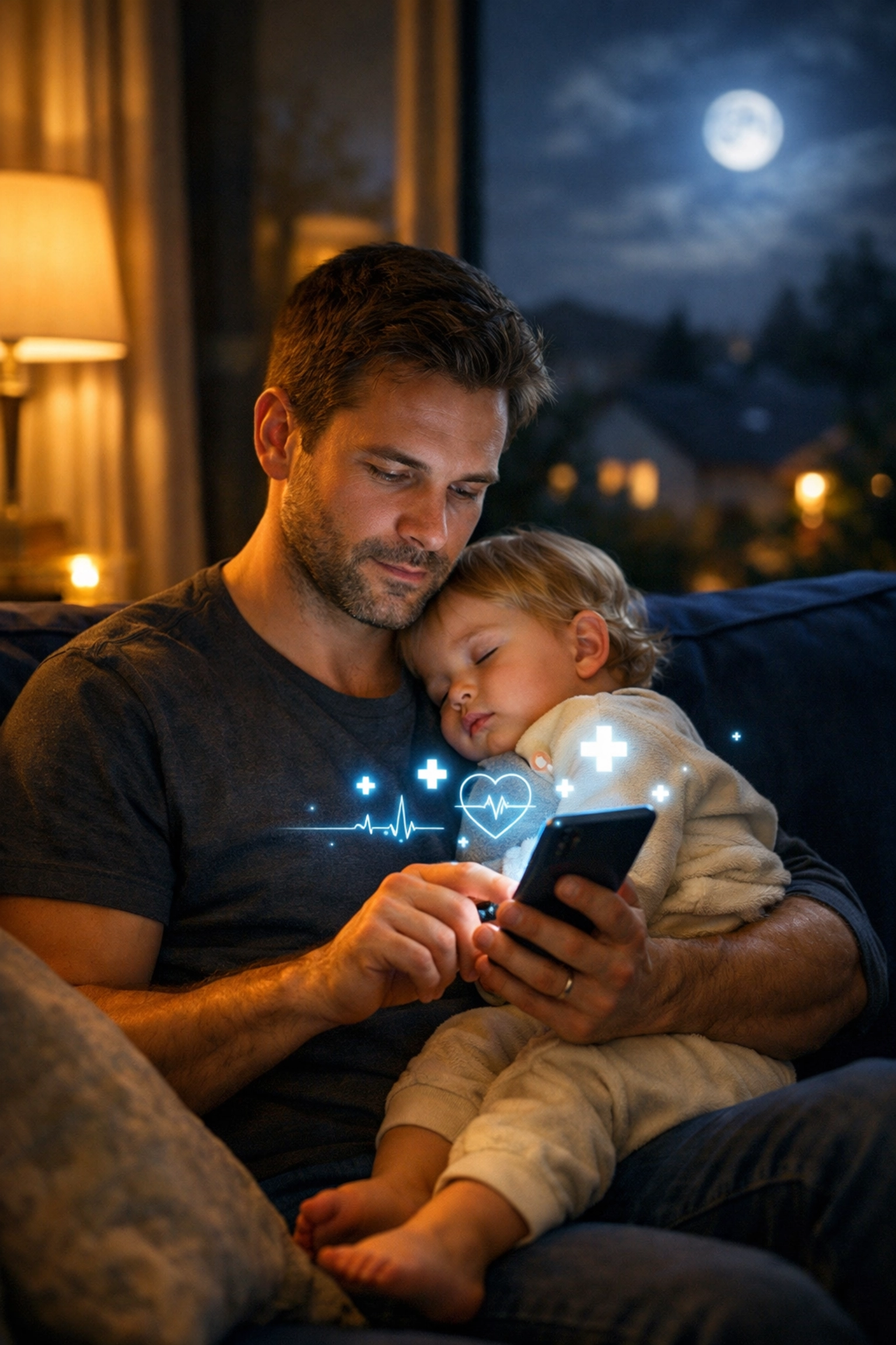 Father using 24/7 online medical chat to text a doctor at night while holding his sleeping toddler at home.