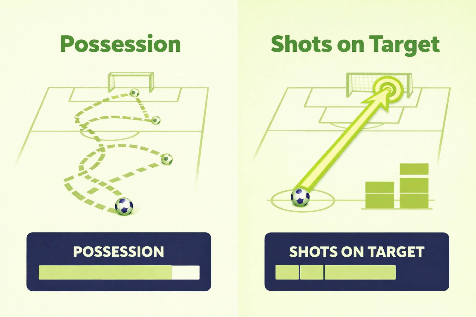 Visual comparison of ineffective possession versus a precise shot on target in a football match.