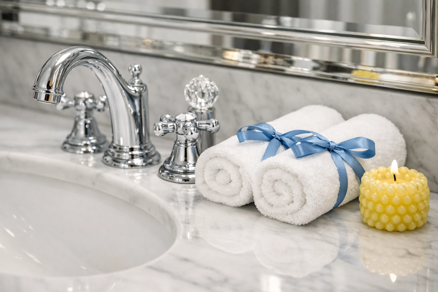 A perfectly clean bathroom vanity with shiny fixtures from expert house cleaning in Burlington.