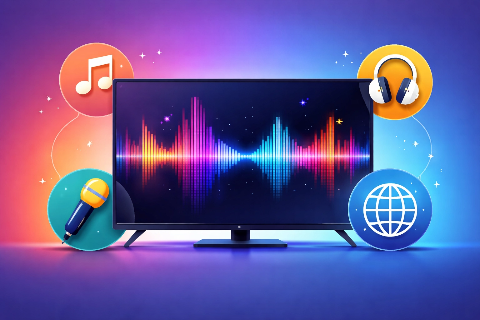 Smart TV illustration with music icons and global symbols, highlighting MixleplixTV Apple TV expansion for independent artists.