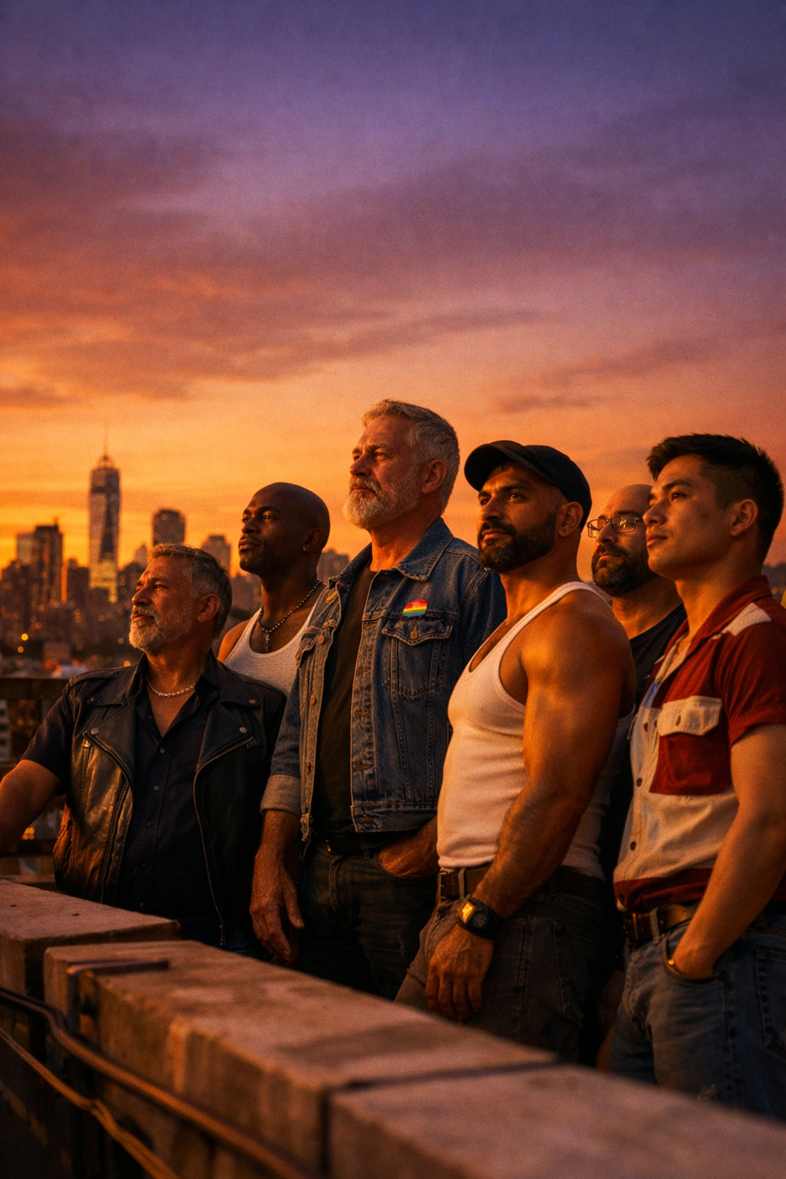 Diverse queer men standing together on a city rooftop, representing LGBTQ+ community strength and health.
