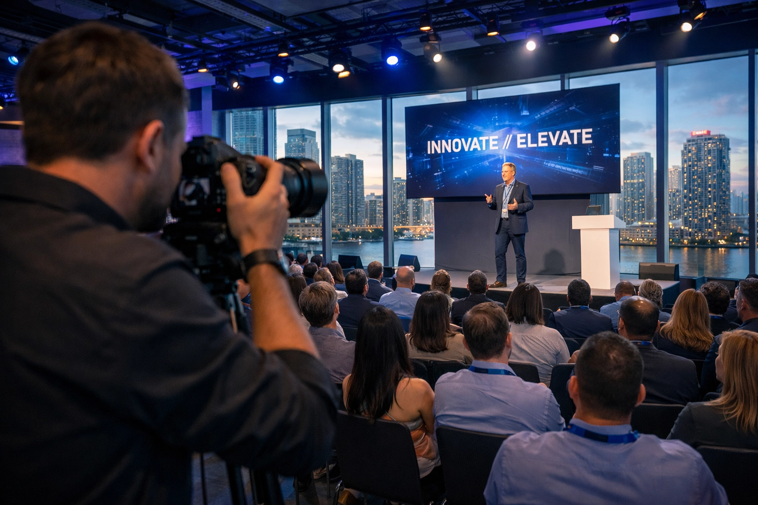 Corporate event photographer capturing a tech conference with the Miami Brickell skyline view.