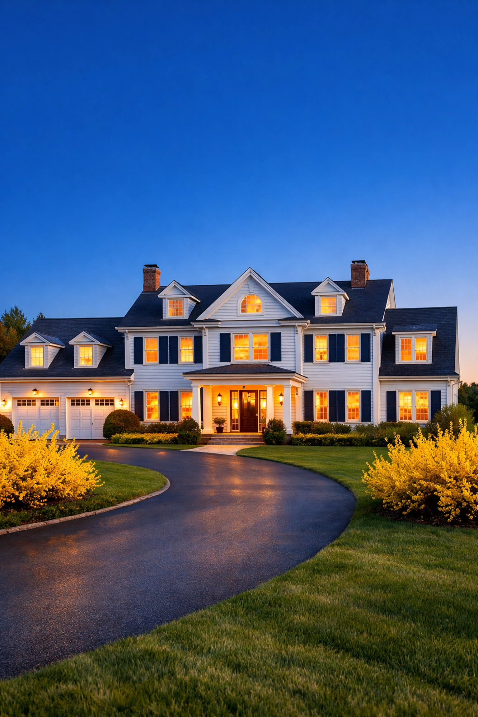Exterior view of a grand luxury estate in Westwood, Massachusetts, perfectly maintained and sparkling clean at sunset.