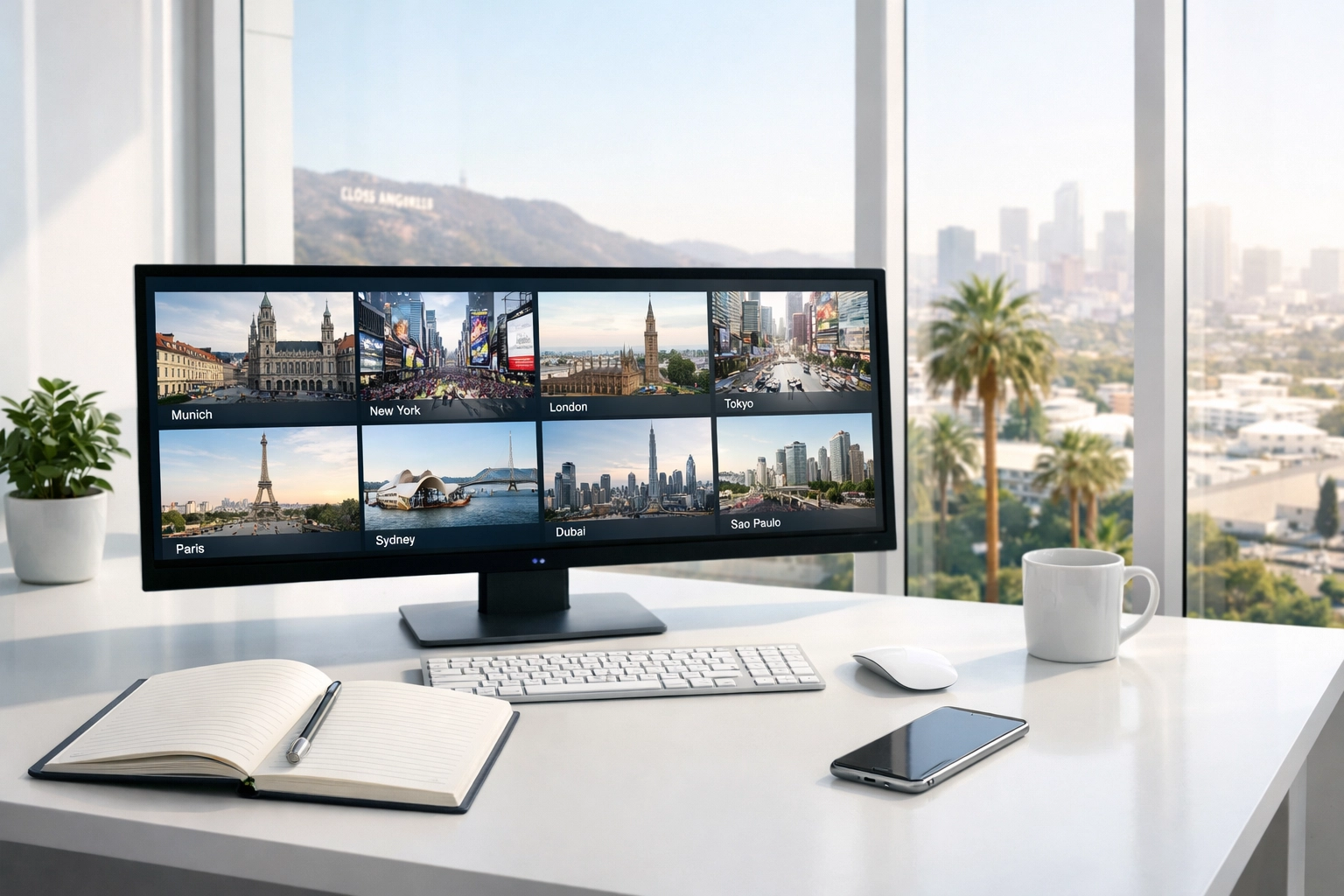 Marketing executive workspace in Los Angeles monitoring global DOOH campaign performance on a screen.