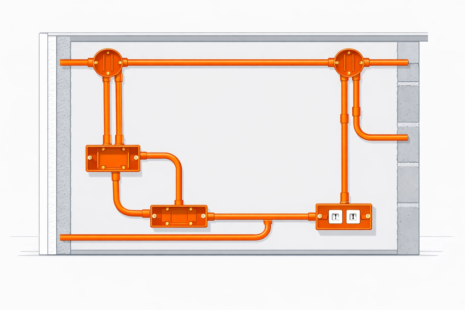 Professionelle Elektro-Sanierung in NÖ: Darstellung von Leerrohren und Unterputzdosen in einer Wand.