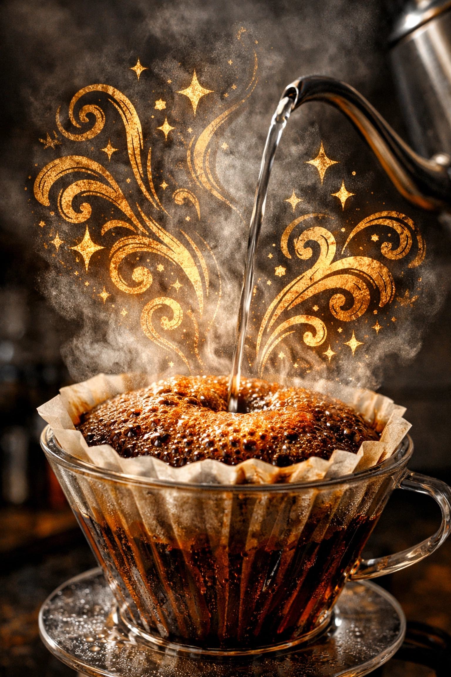 The benefits of ground coffee showing a fresh pour-over bloom in a kitchen setting.