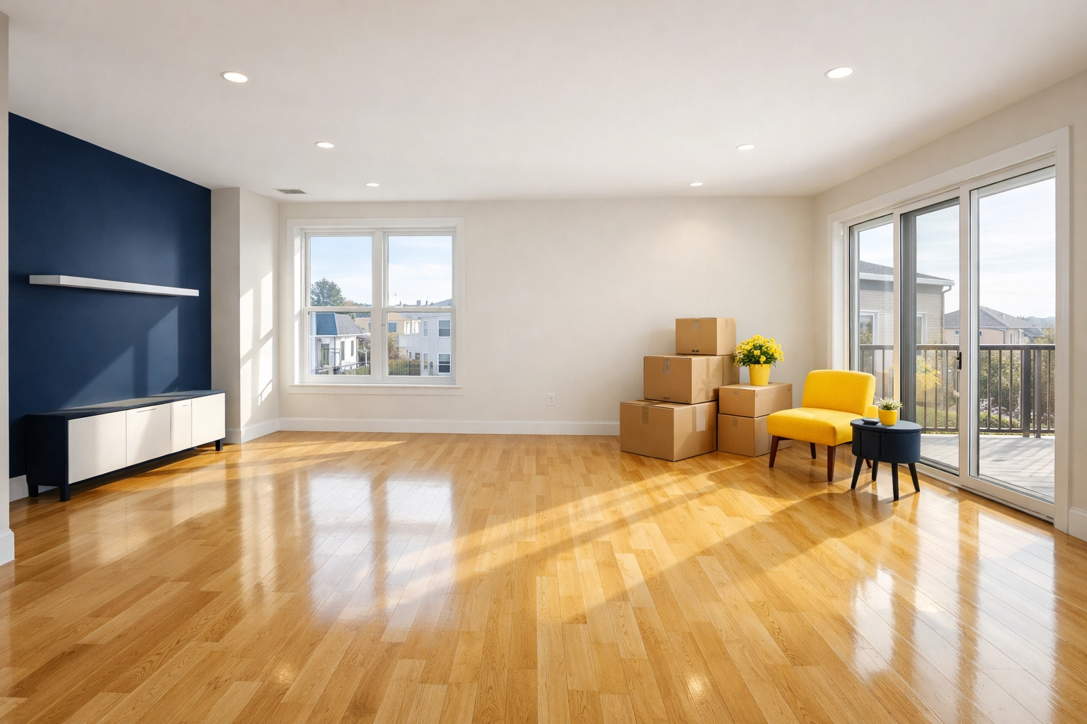 Spotless modern Somerville apartment living room with polished floors prepared for moving day.