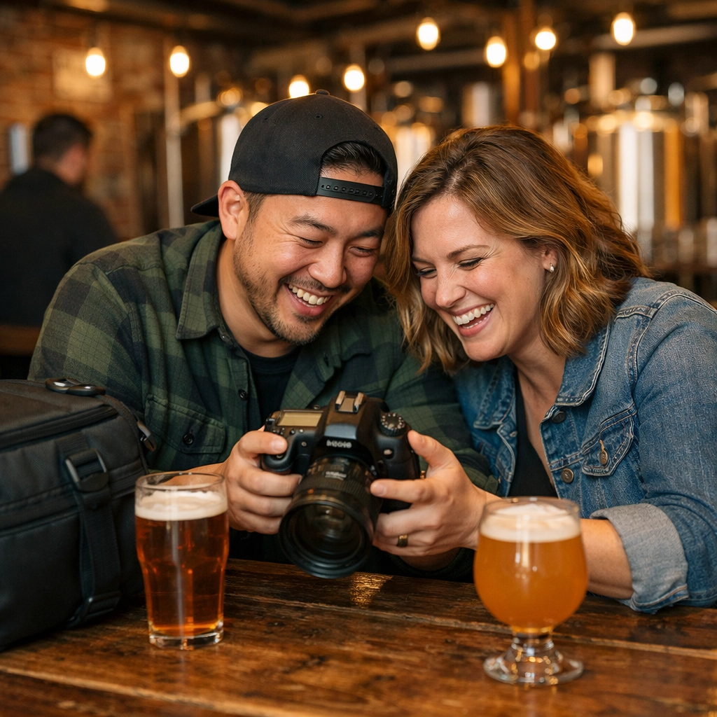 Photographers networking at a local brewery to build community and find new photography work in 2026.