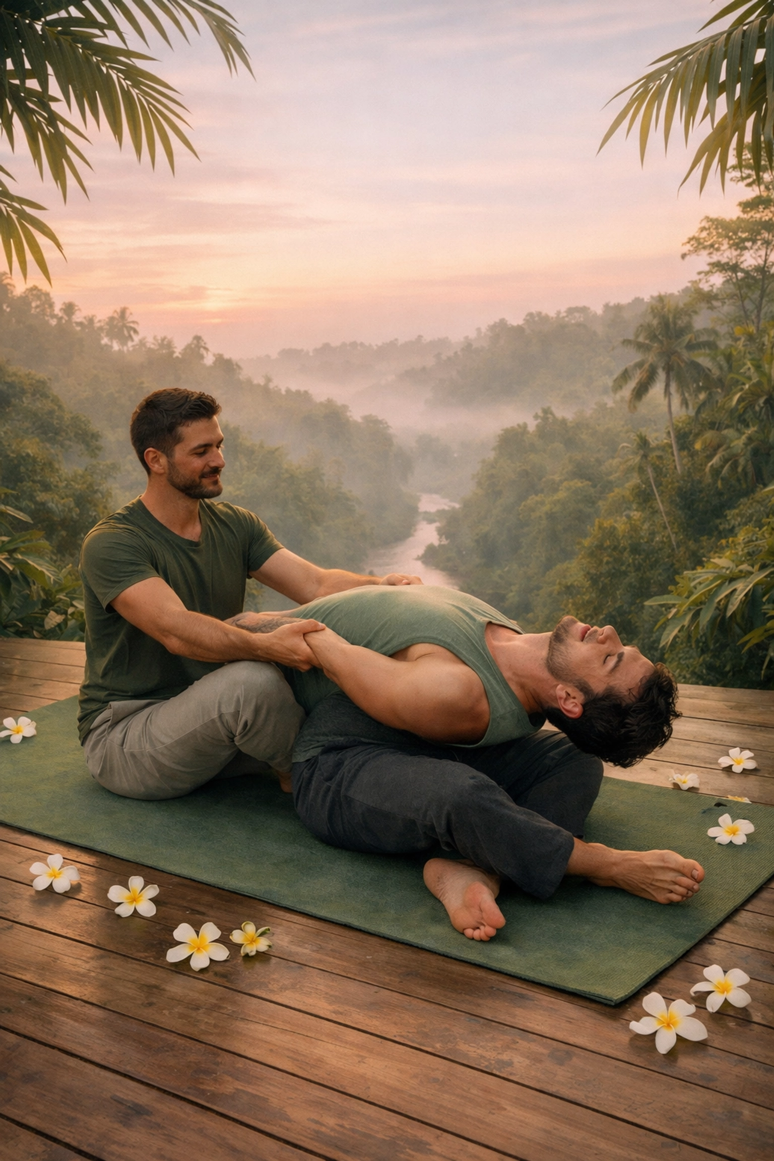 MM romance partners practicing yoga together at dawn in Balinese jungle setting
