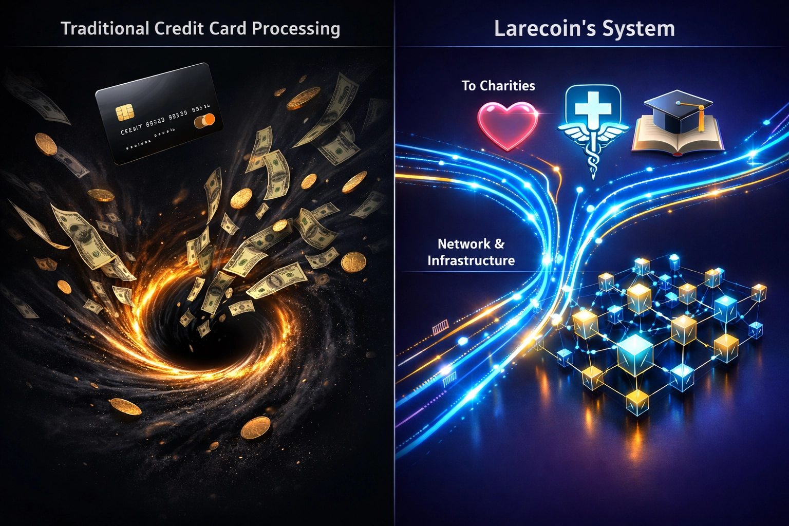 Credit card fees vs Larecoin blockchain charity allocation comparison