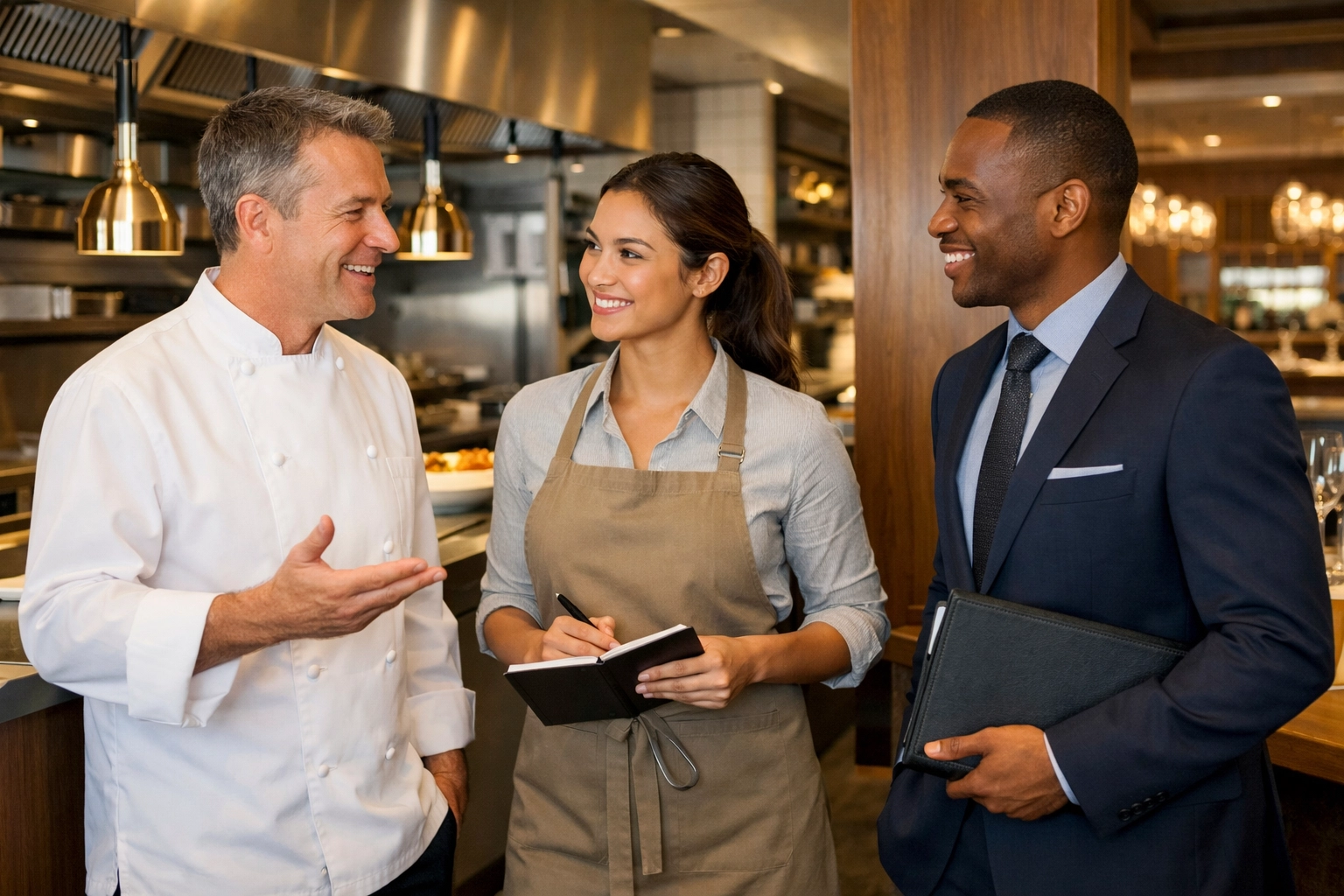 Diverse restaurant staff working together in a safe, compliant commercial kitchen environment.