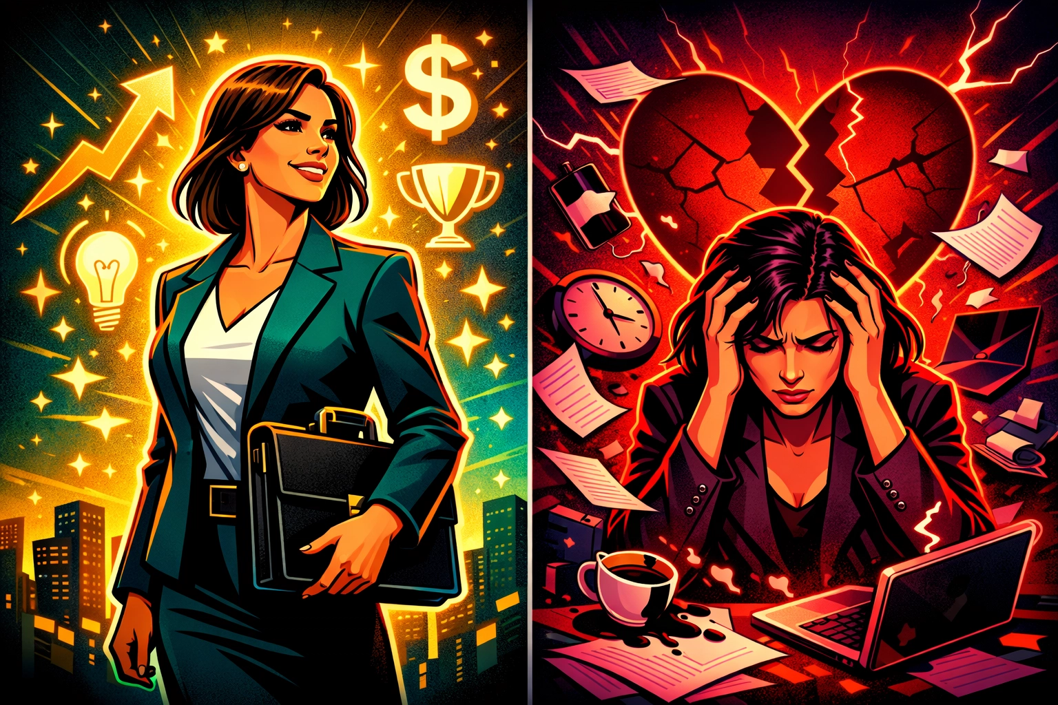 Split image showing career success versus stress from workplace romance consequences