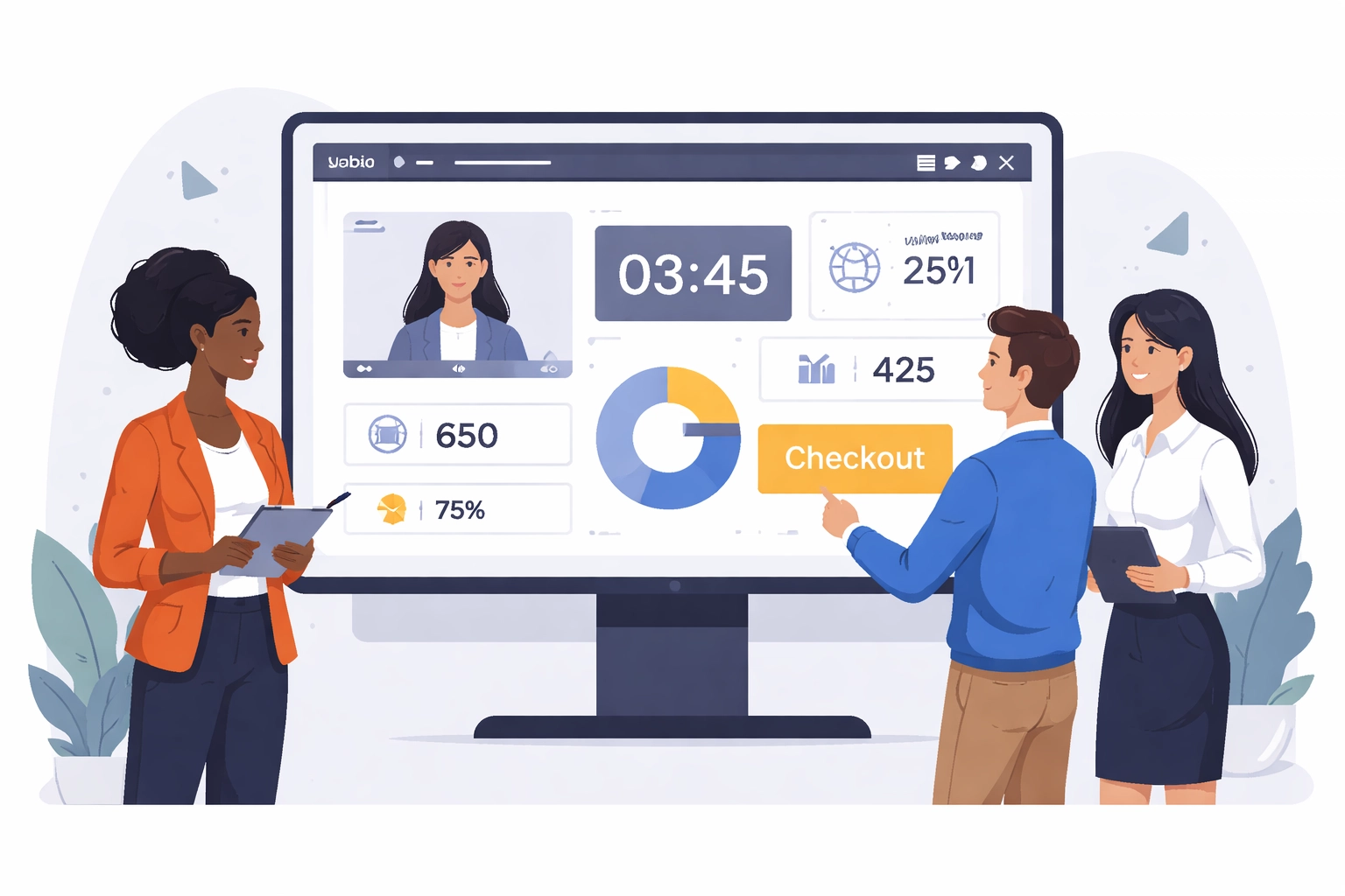 Team collaborating in front of a webinar dashboard with engagement analytics and sales conversion tools