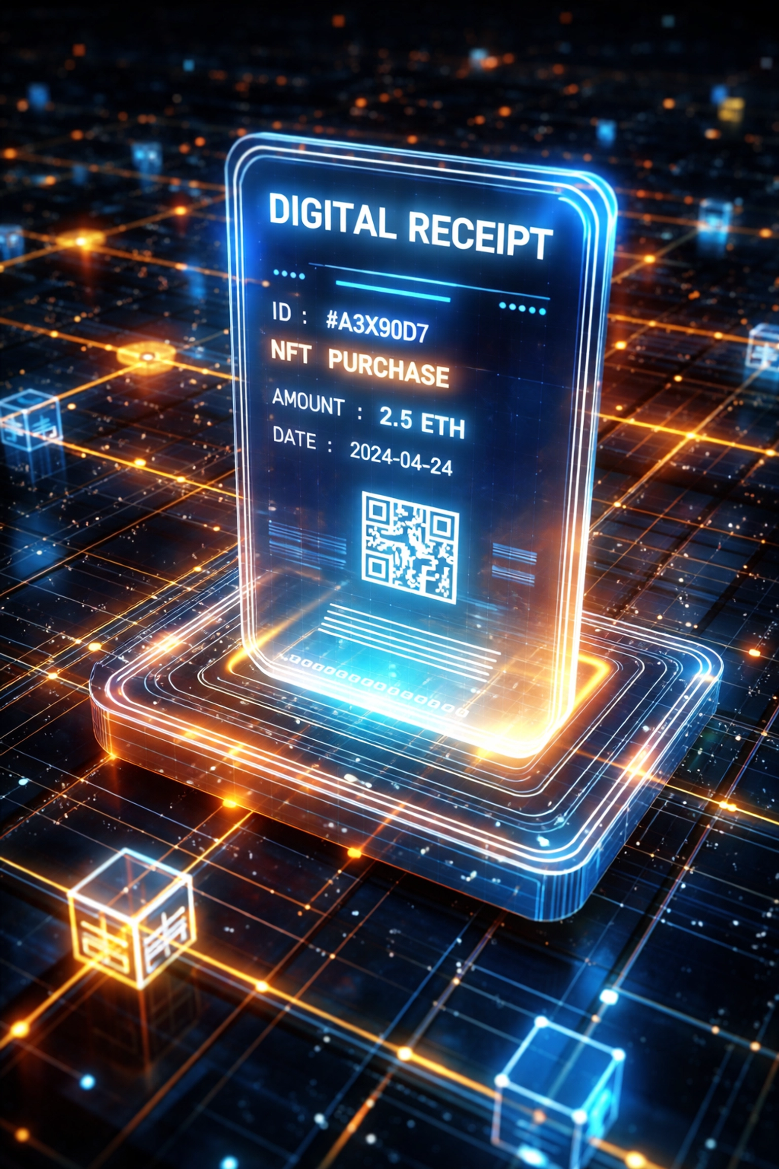 Digital NFT receipt symbolizes secure blockchain transaction records for Larecoin crypto payments and audits
