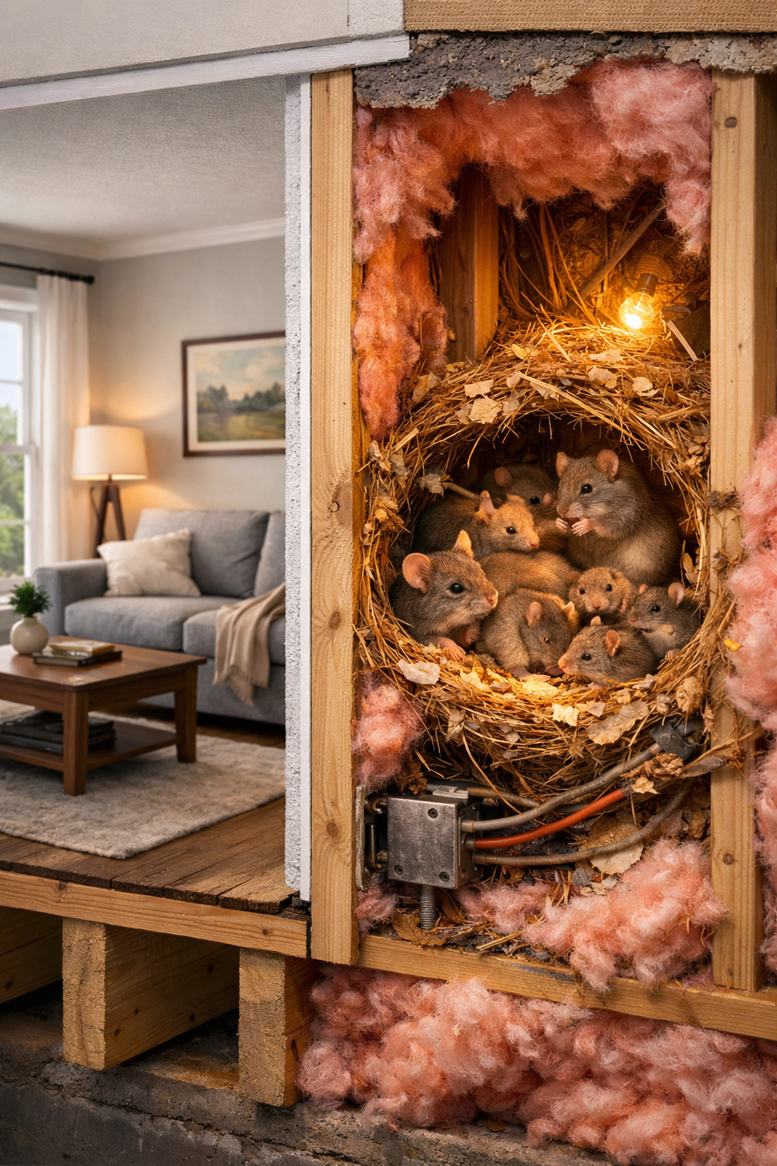 Mice nesting inside wall insulation, showing the importance of professional rodent control in Westchester NY.