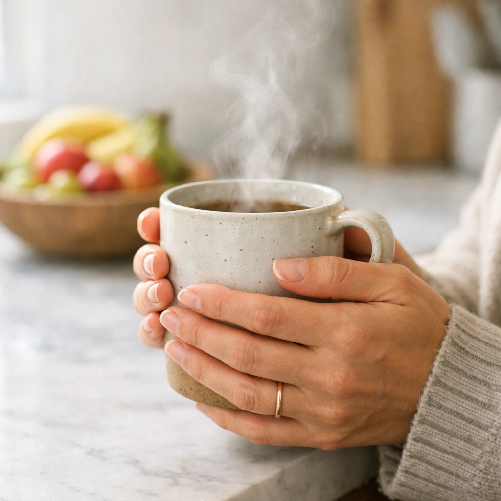 A woman holding a warm mug, illustrating mindful habits and hypnosis for self esteem results.