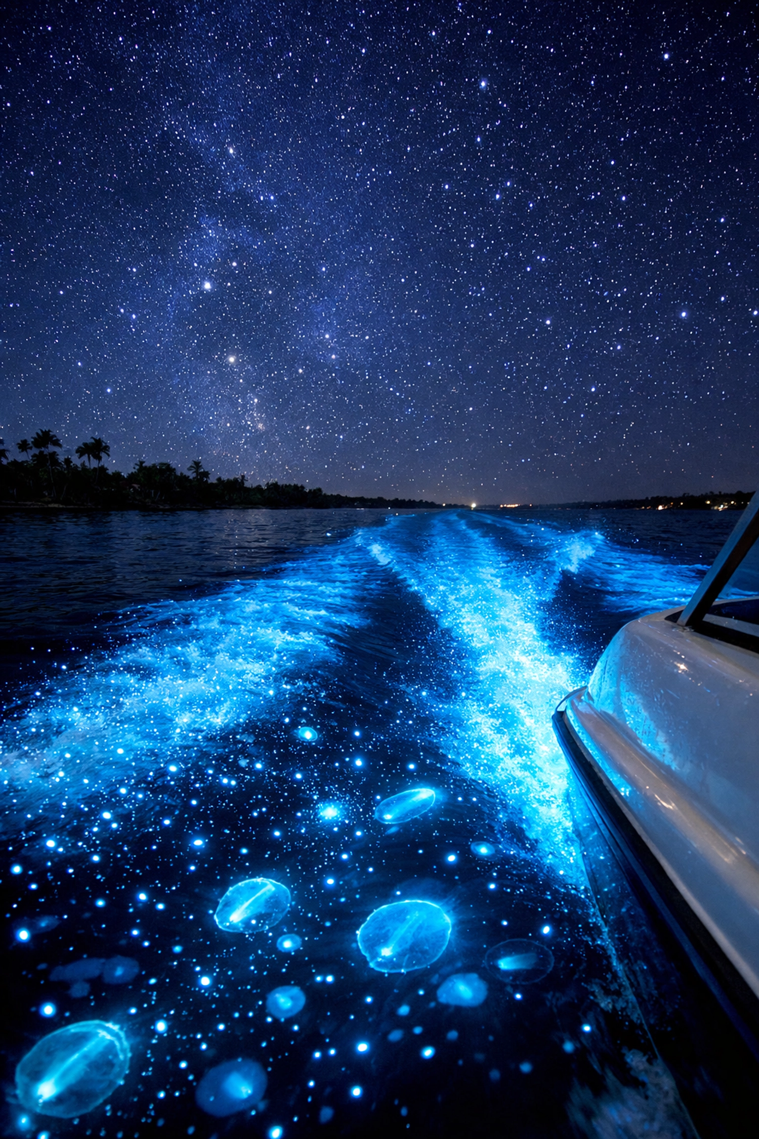 Vibrant blue bioluminescent wake from a boat tour in the Indian River Lagoon, Florida Space Coast.