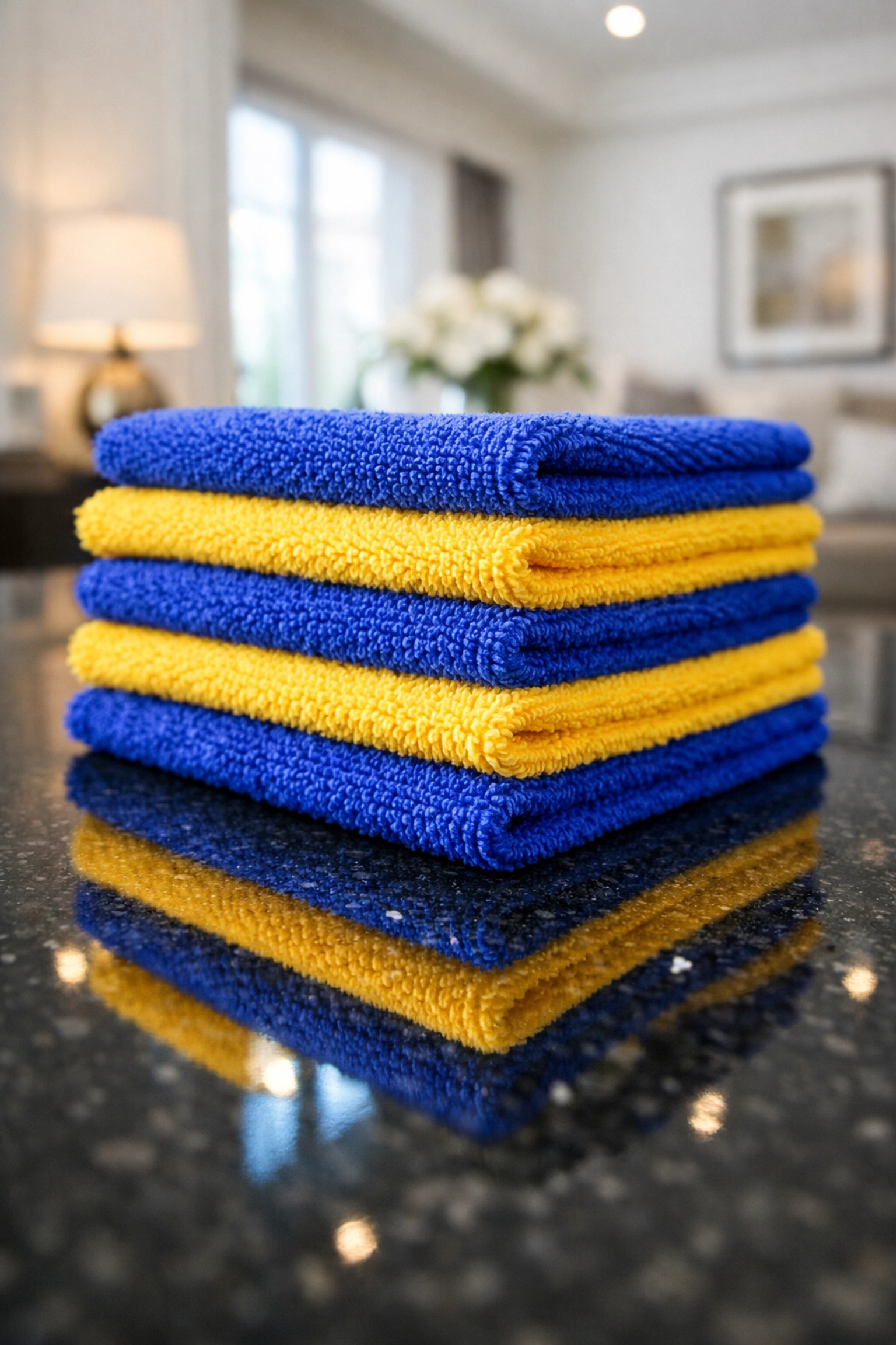 Premium blue and yellow microfiber cloths for effective residential house cleaning in Lowell MA.