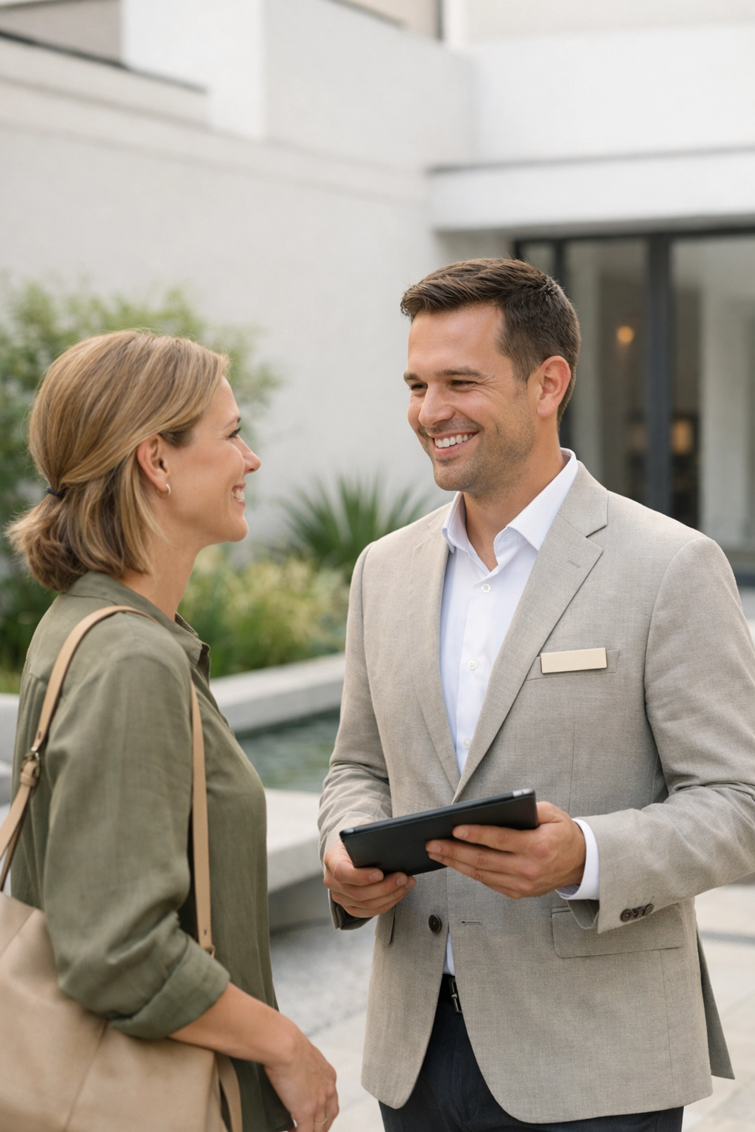Hotel staff using a mobile property management system to assist guests in a modern courtyard.