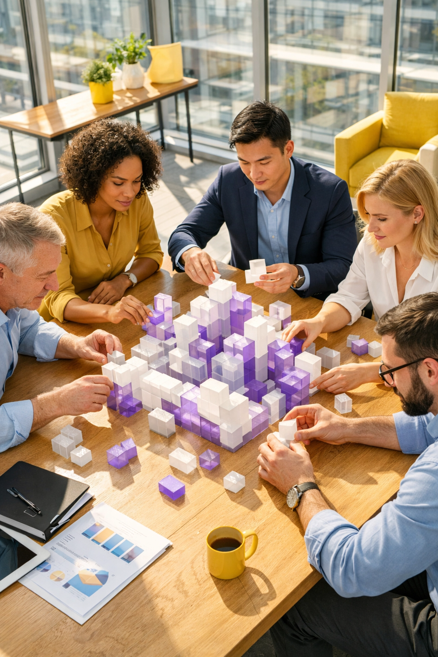 Professional team collaborating on a growth strategy foundation in a bright, modern office.