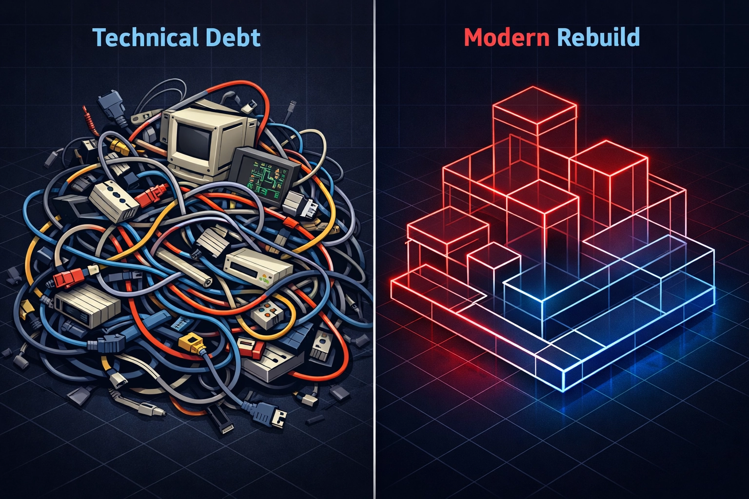 Comparison showing cluttered outdated website code versus clean modern website rebuild structure
