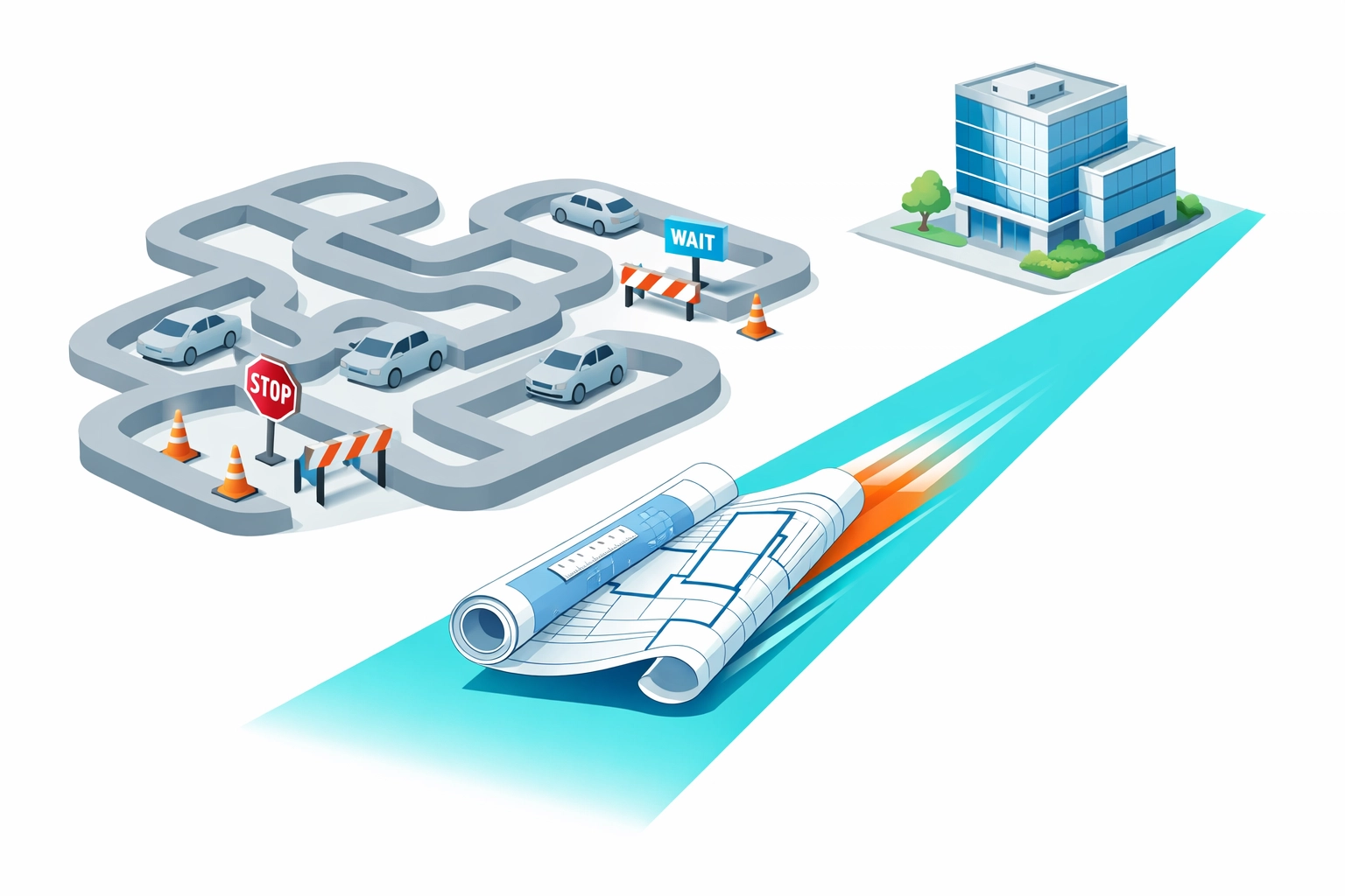 Isometric illustration showing expedited plan review Florida services bypassing standard permitting delays.