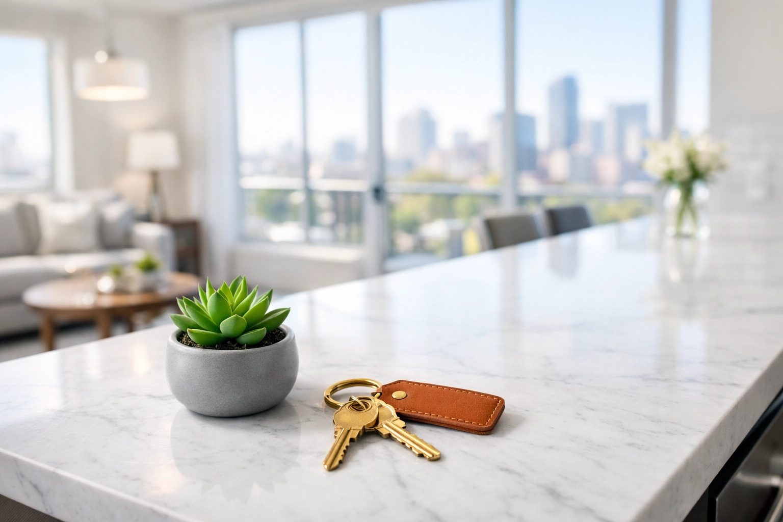 Pristine kitchen island with move-in keys in a rent-ready Chicago apartment following a turnover.