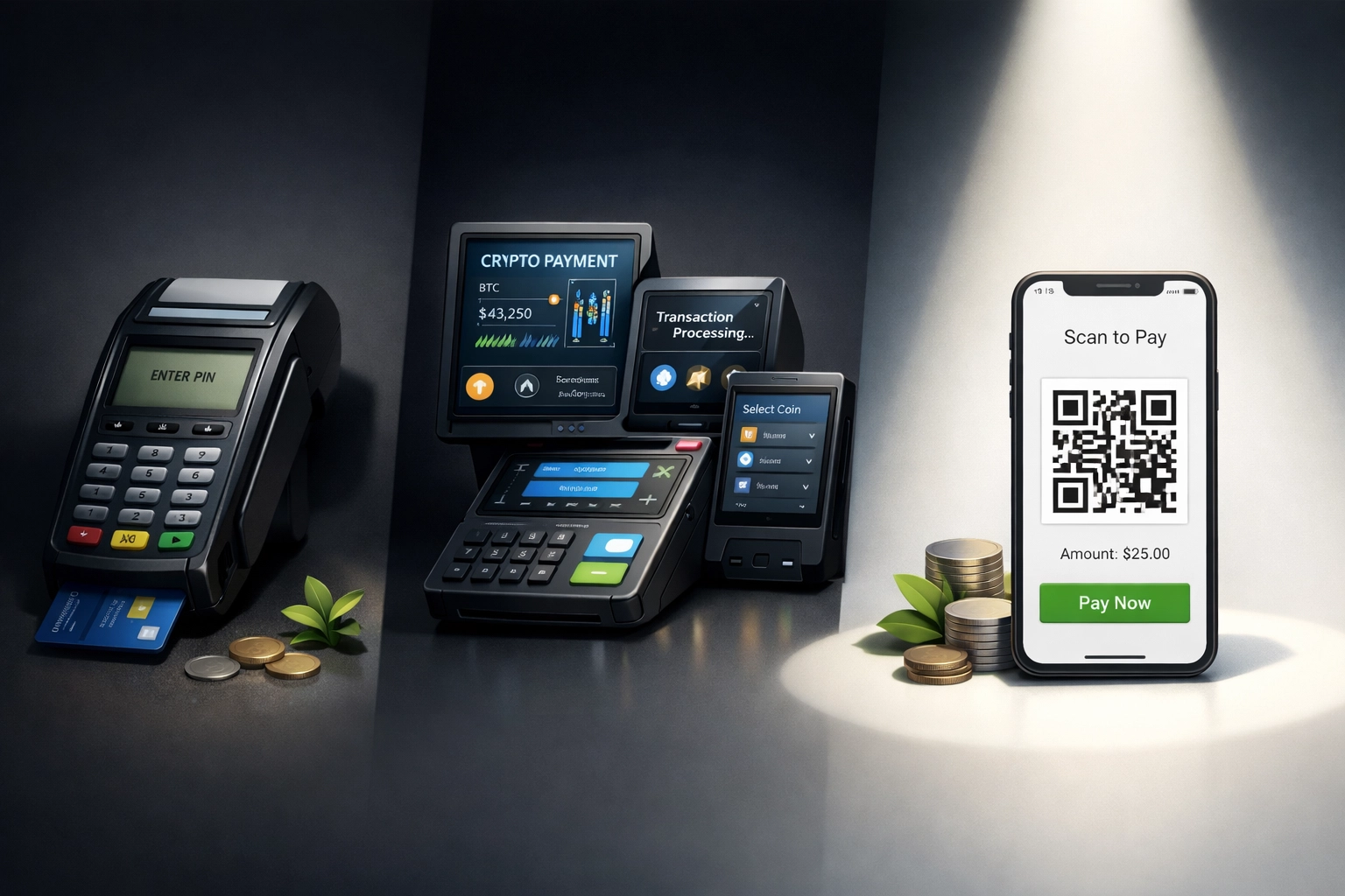 Comparison of traditional POS terminals versus simple QR code crypto payment on smartphone