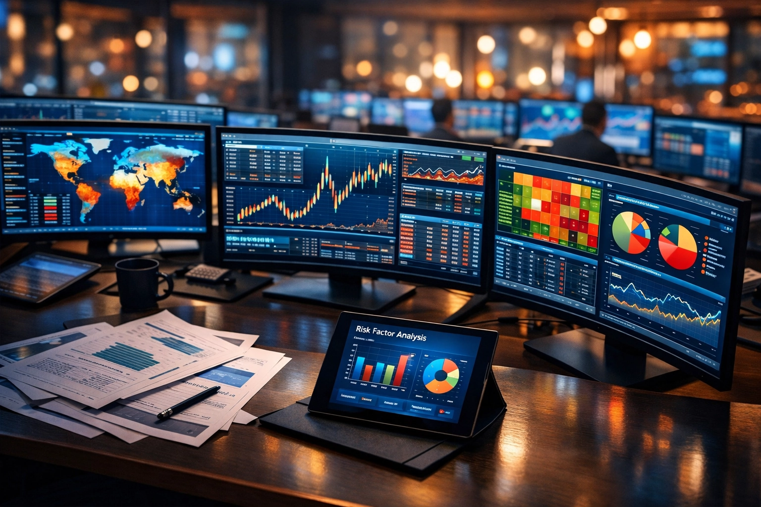 Institutional investment office monitoring market data and equity portfolio analytics