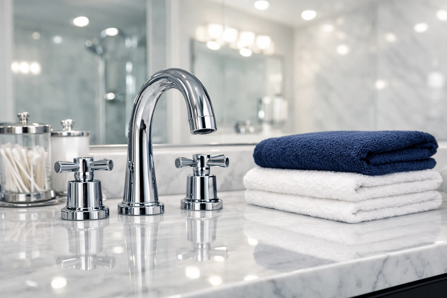 Pristine white marble bathroom vanity maintained by weekly house cleaning services in Wayland MA.