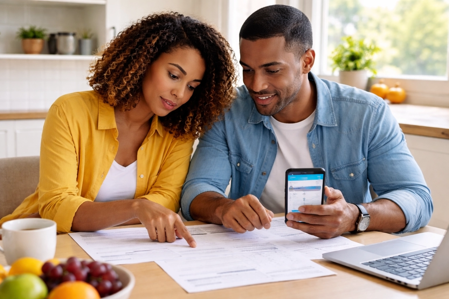 Couple checks direct deposit info for their tax refund status at a kitchen table, focusing on avoiding IRS refund delays.