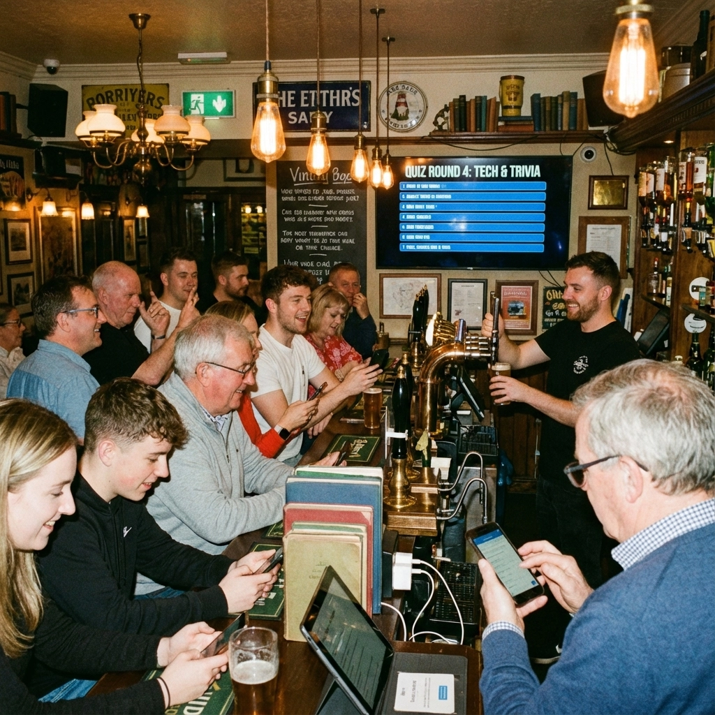 Group of people in a British Pub at the bar playing an online quiz on their smart phones