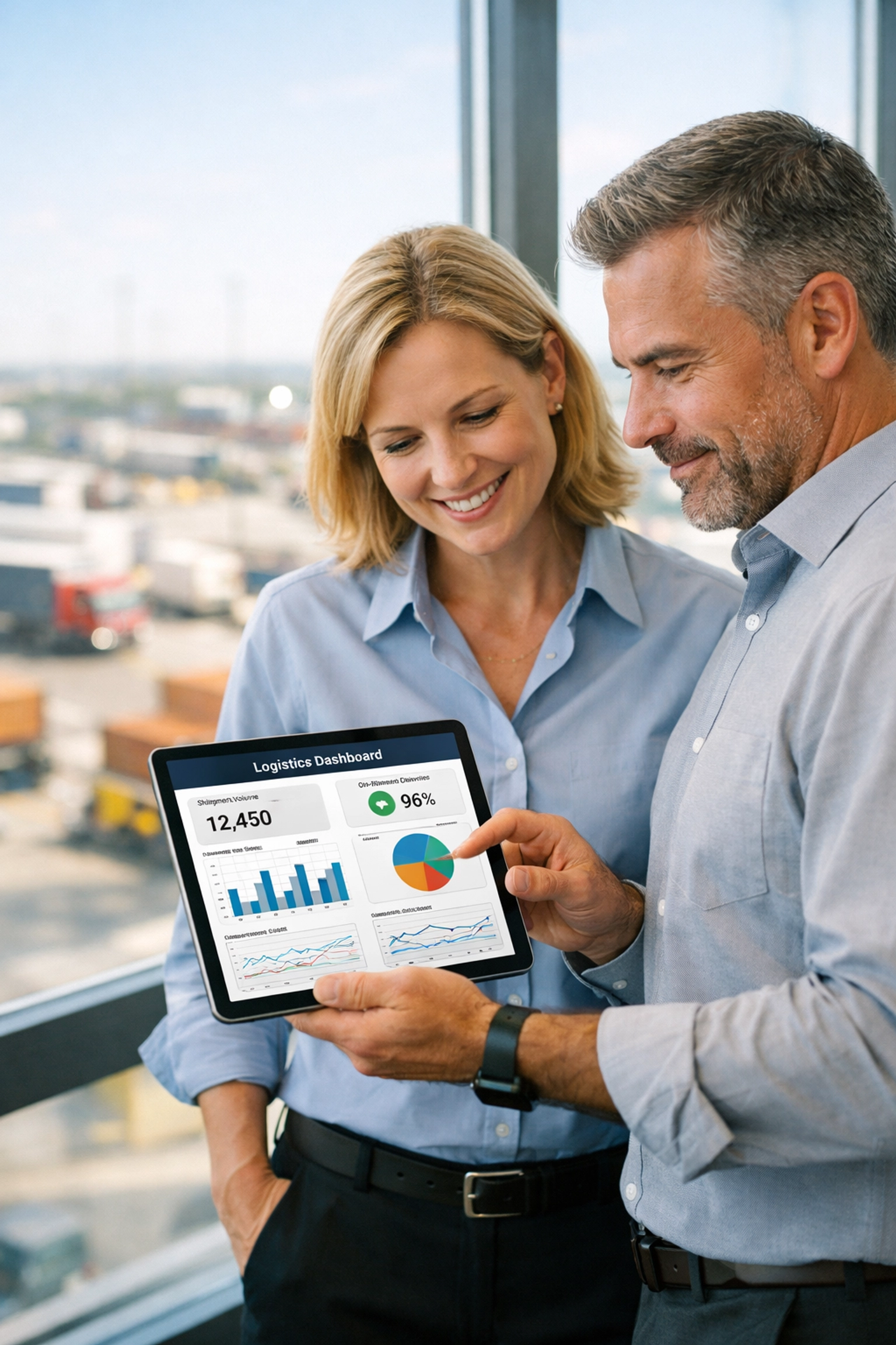 Logistics executives reviewing a performance dashboard for integrated third party logistics providers and 4PL strategy.