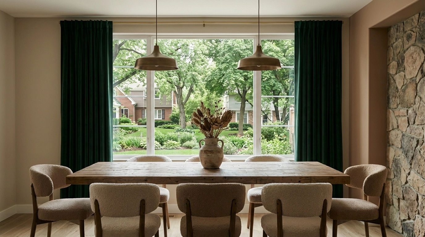 Sophisticated North Shore dining space with textured materials, warm neutral colors, and layered design.
