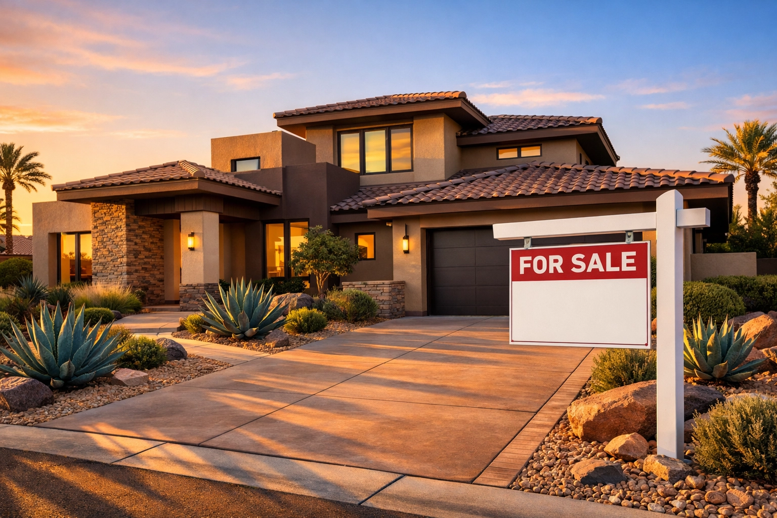 Modern Las Vegas luxury home with For Sale sign and desert landscaping