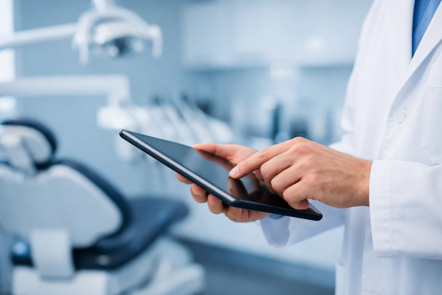 Dentist using digital tablet to track local marketing results and patient inquiries