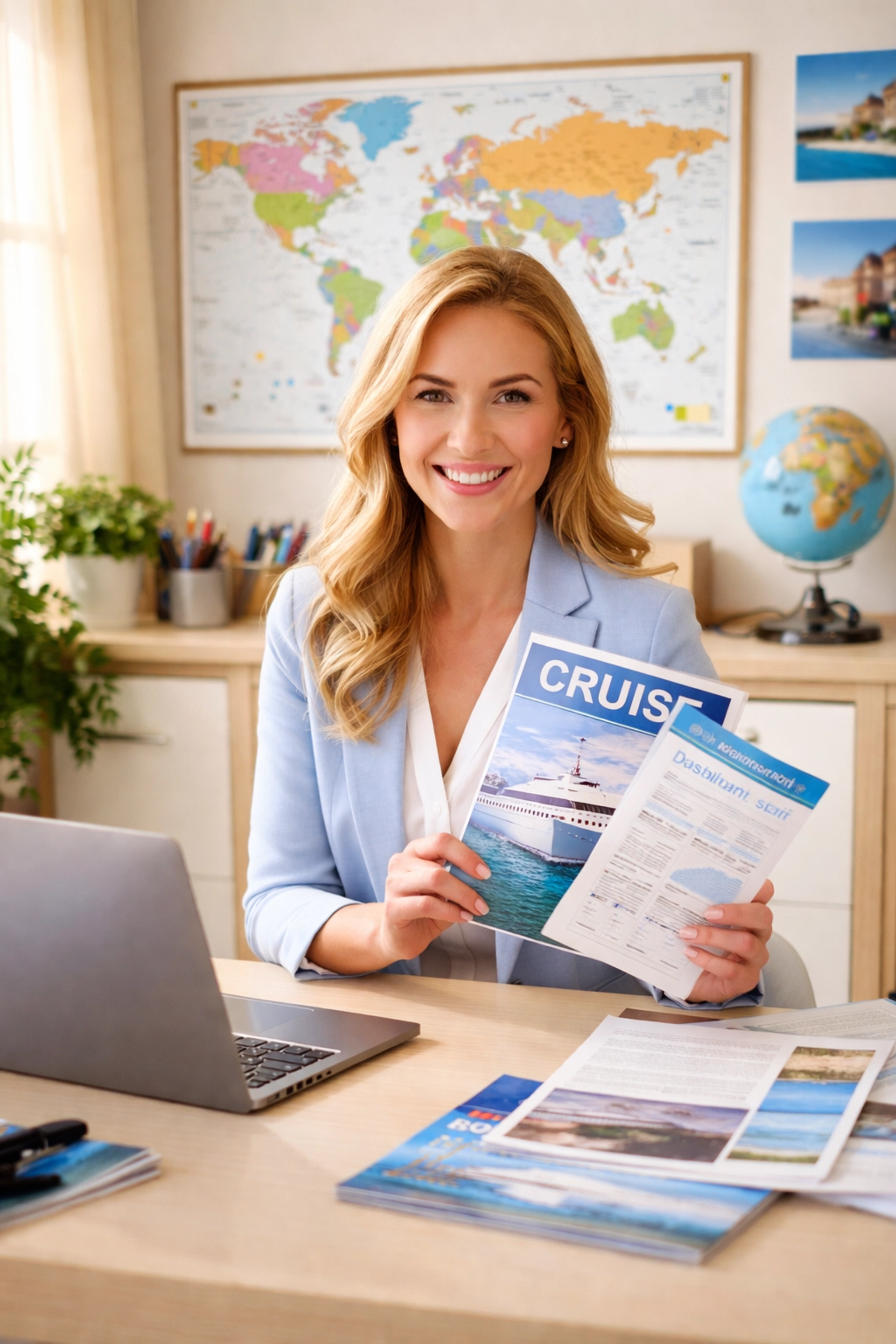 Smiling travel agent at desk with cruise brochures and world map, offering expert cruise booking support