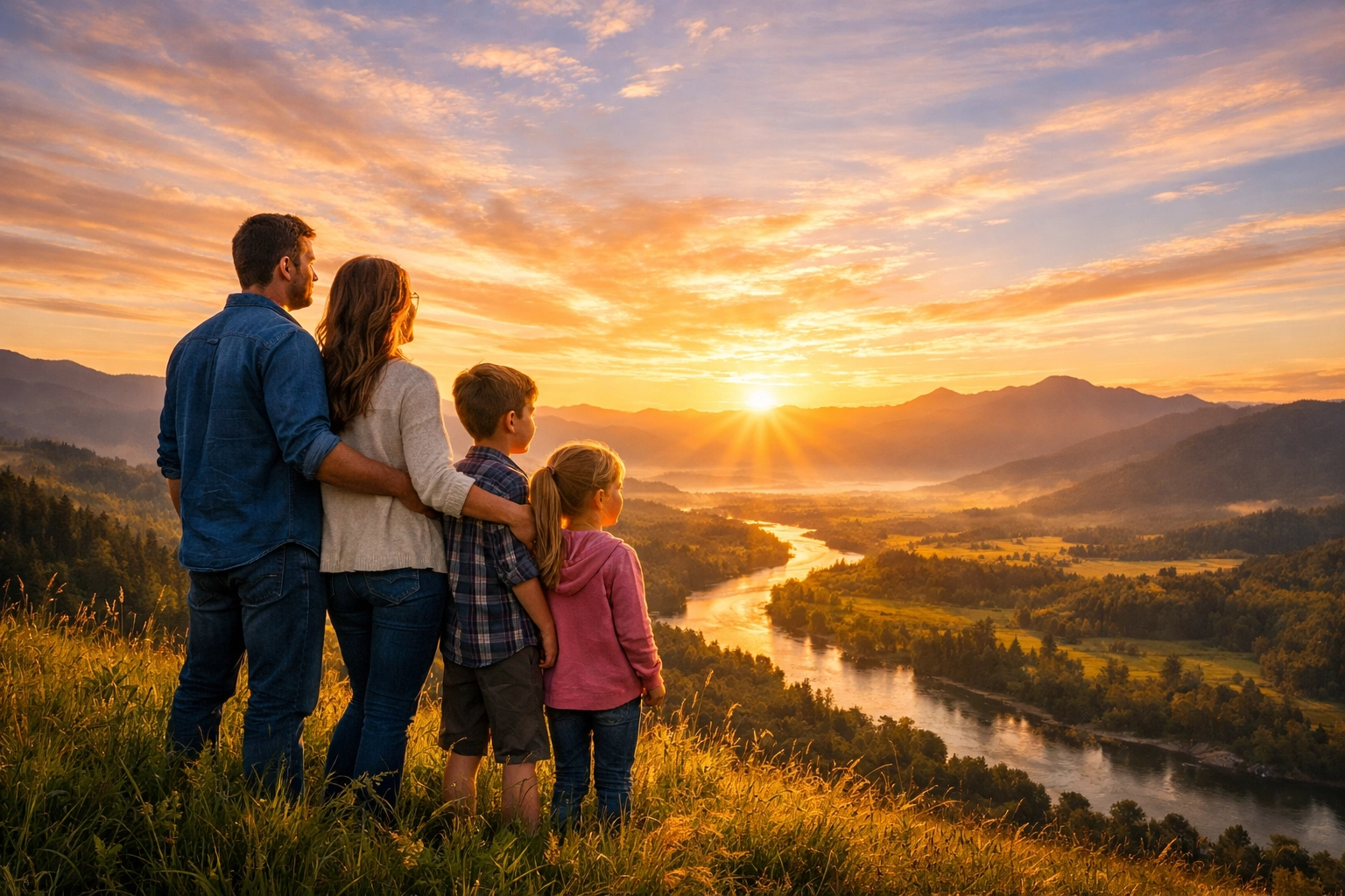 A family watching a sunrise over a vibrant valley, reflecting on the majesty of the one true God.