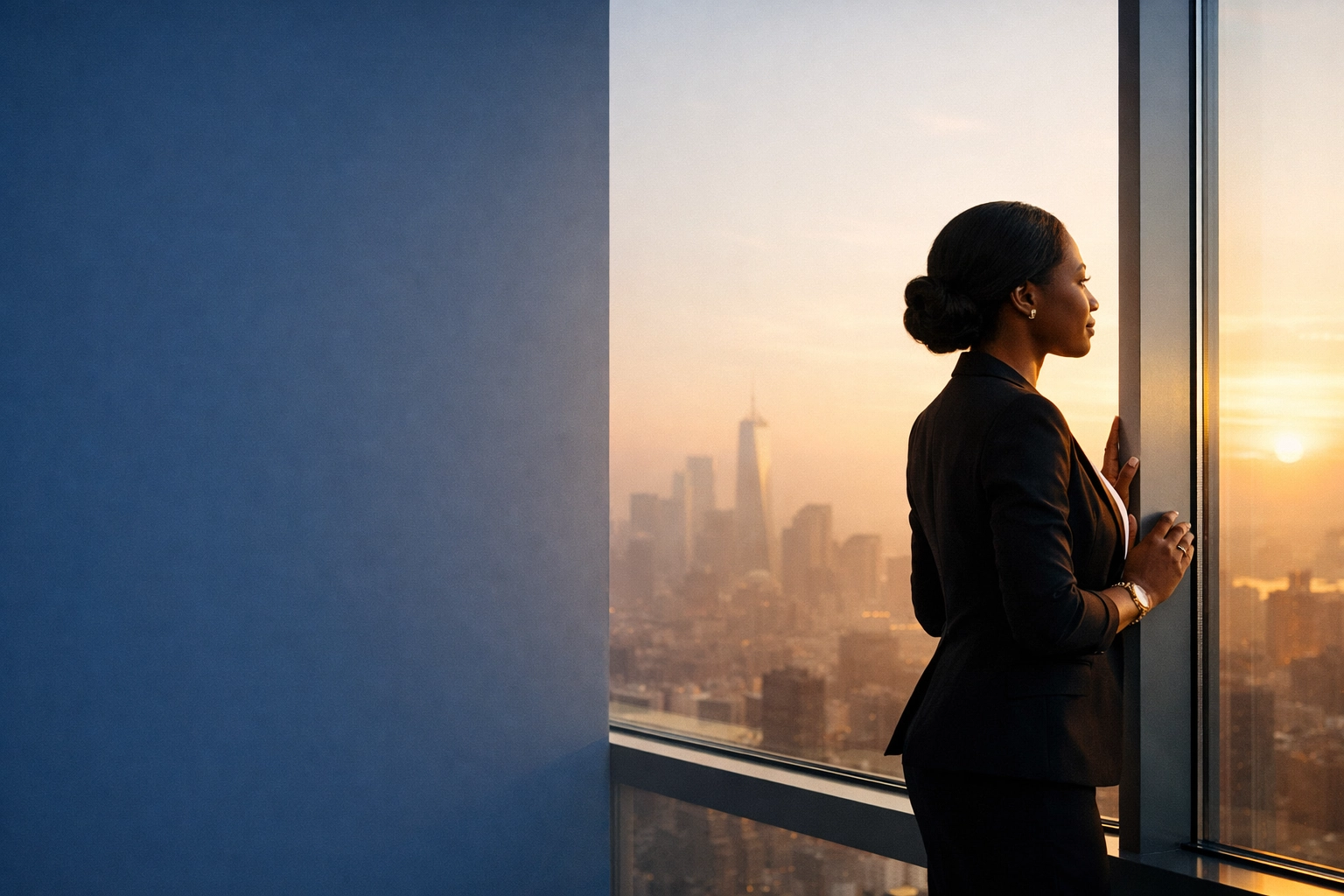 A confident business executive overlooking the city, enjoying streamlined small business payroll services.