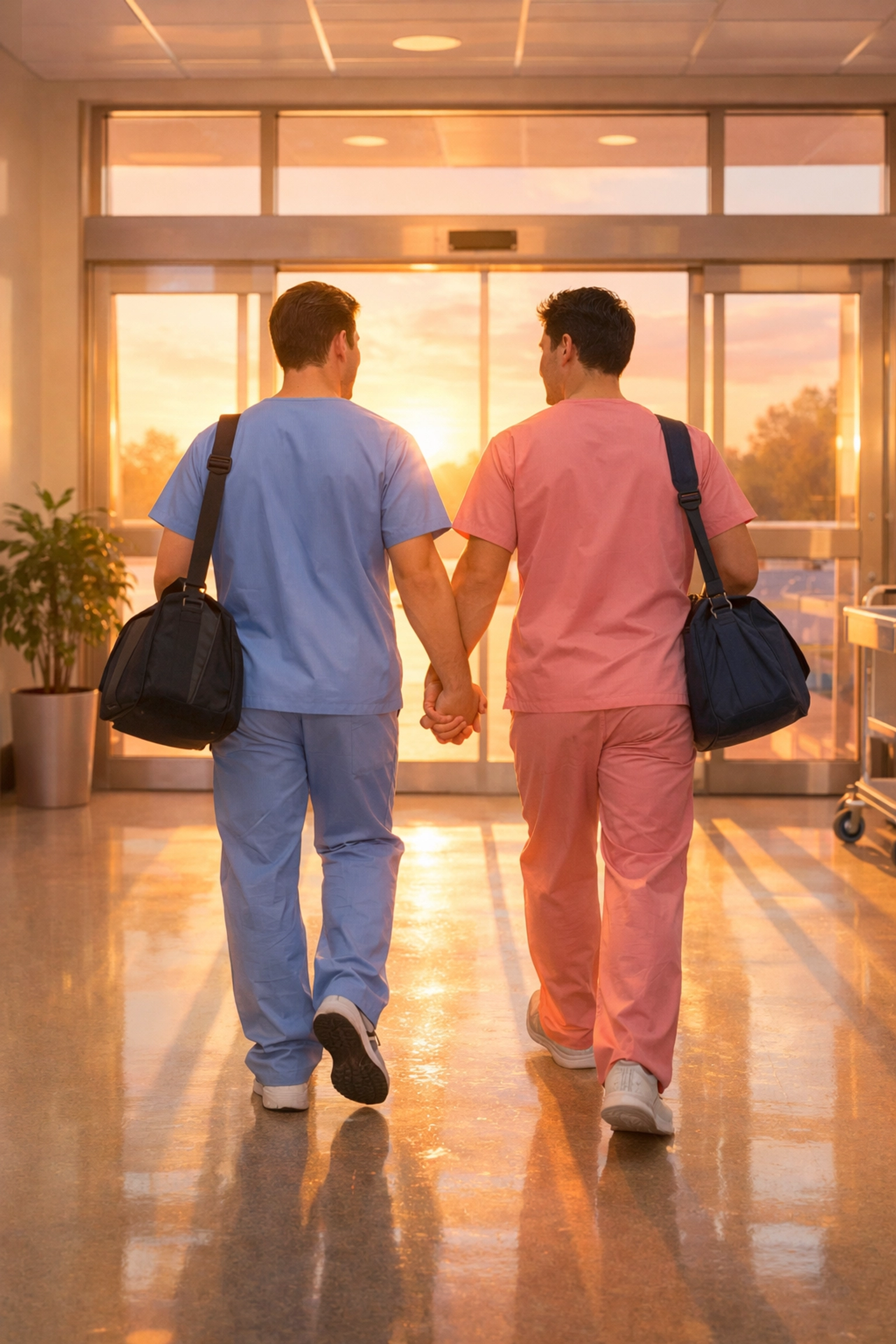 Two male nurses hold hands at sunrise after a night shift, a beautiful ending typical of gay romance novels.